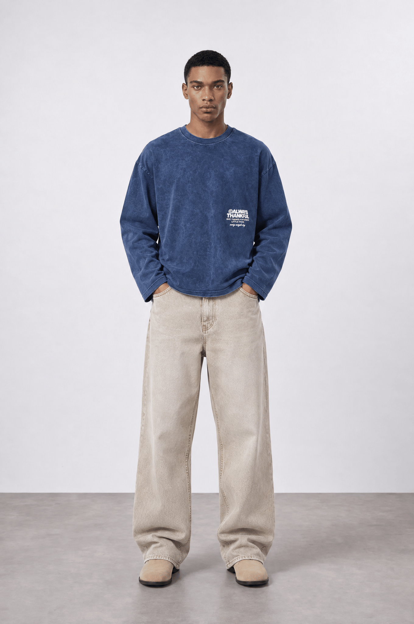 Erkek Always Baskılı Yıkamalı Oversize Long Sleeve Lacivert