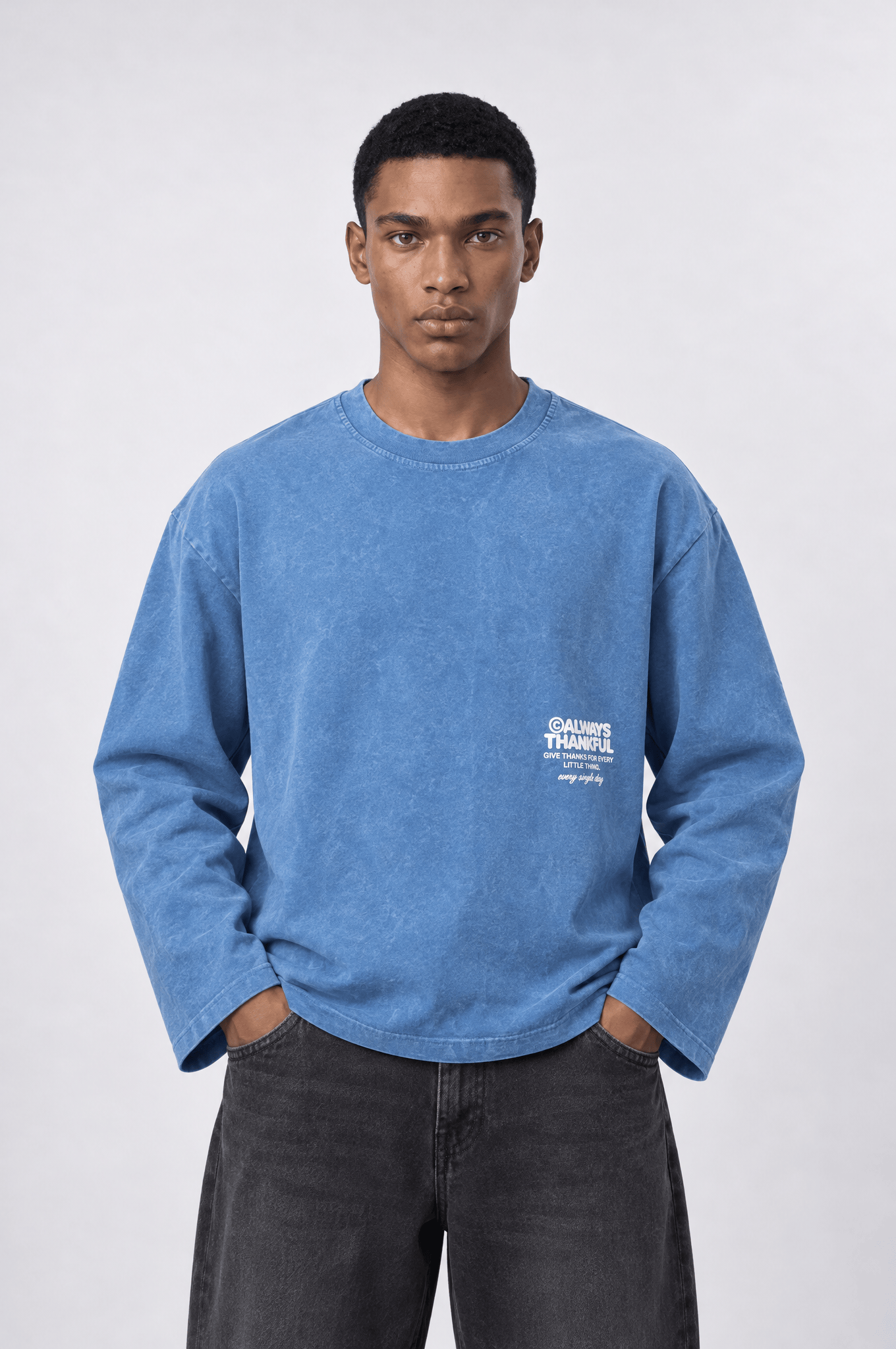 Erkek Always Baskılı Yıkamalı Oversize Long Sleeve Bebe Mavi