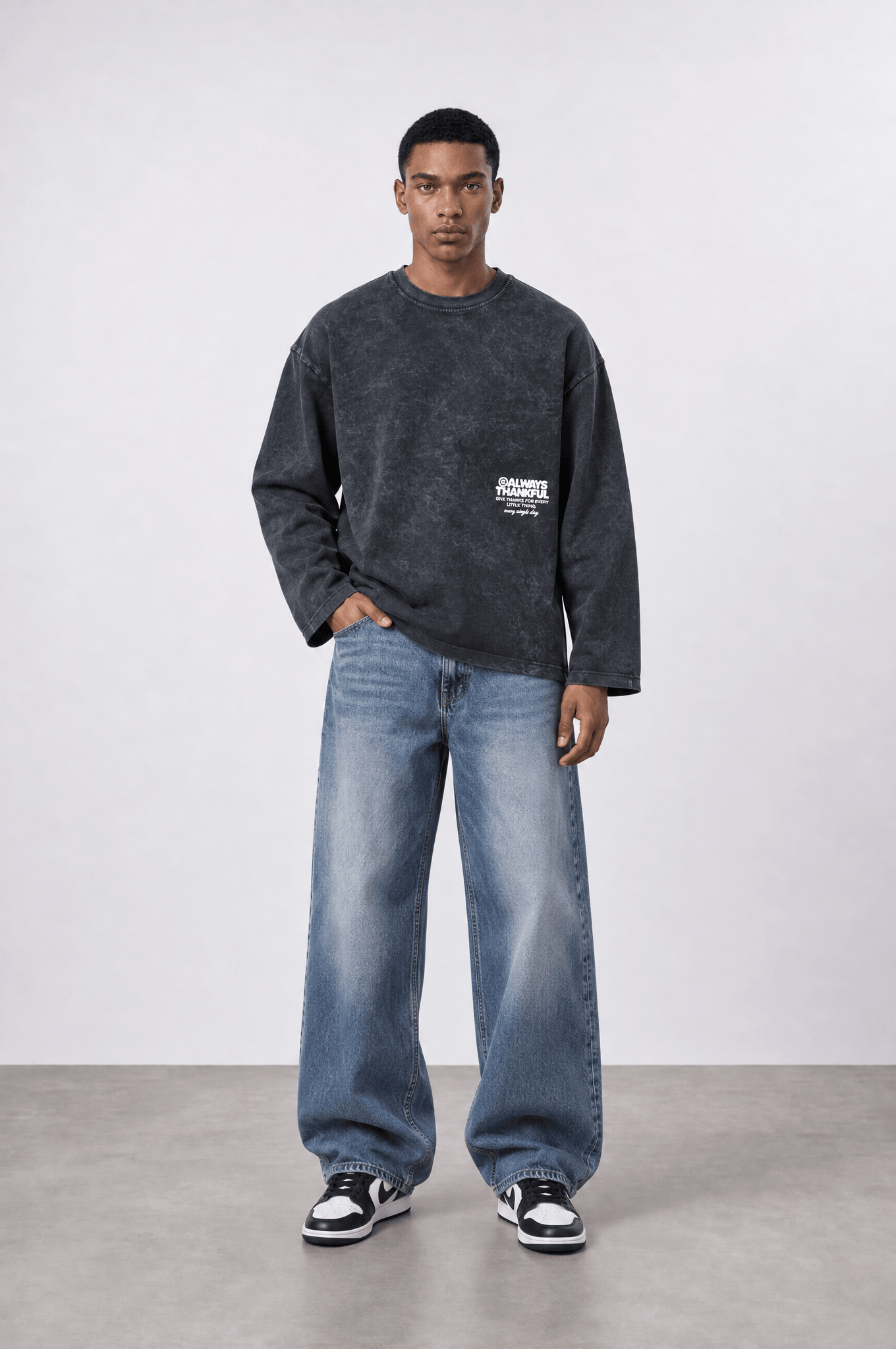 Erkek Always Baskılı Yıkamalı Oversize Long Sleeve Siyah