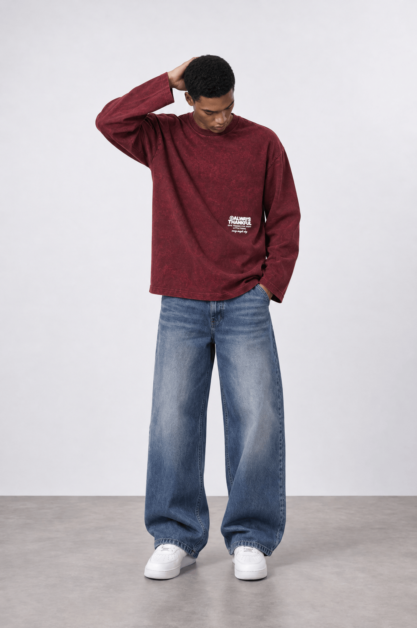 Erkek Always Baskılı Yıkamalı Oversize Long Sleeve Bordo