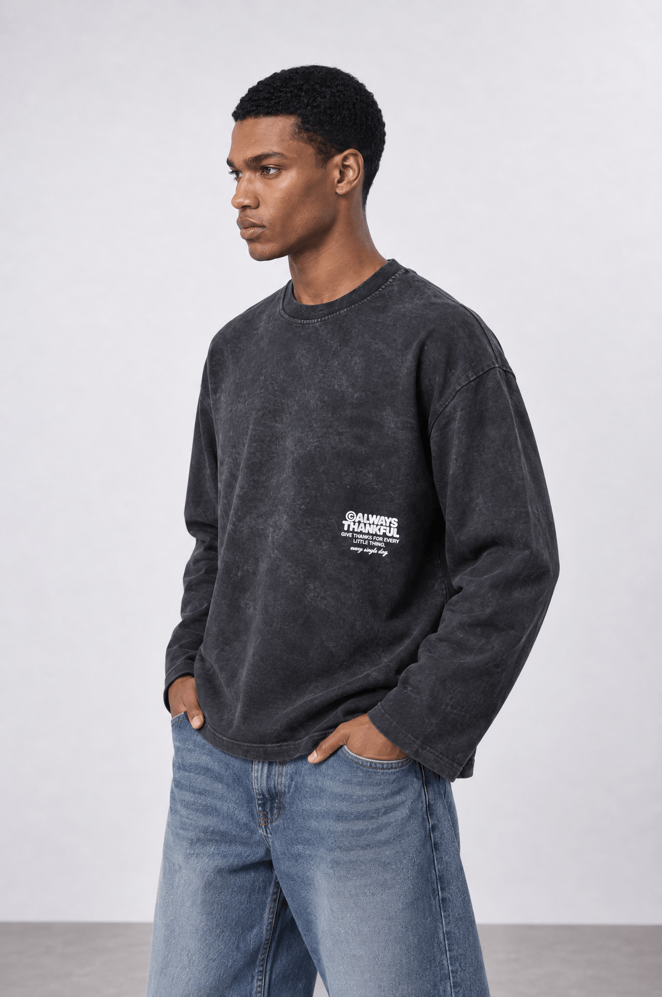 Erkek Always Baskılı Yıkamalı Oversize Long Sleeve Siyah