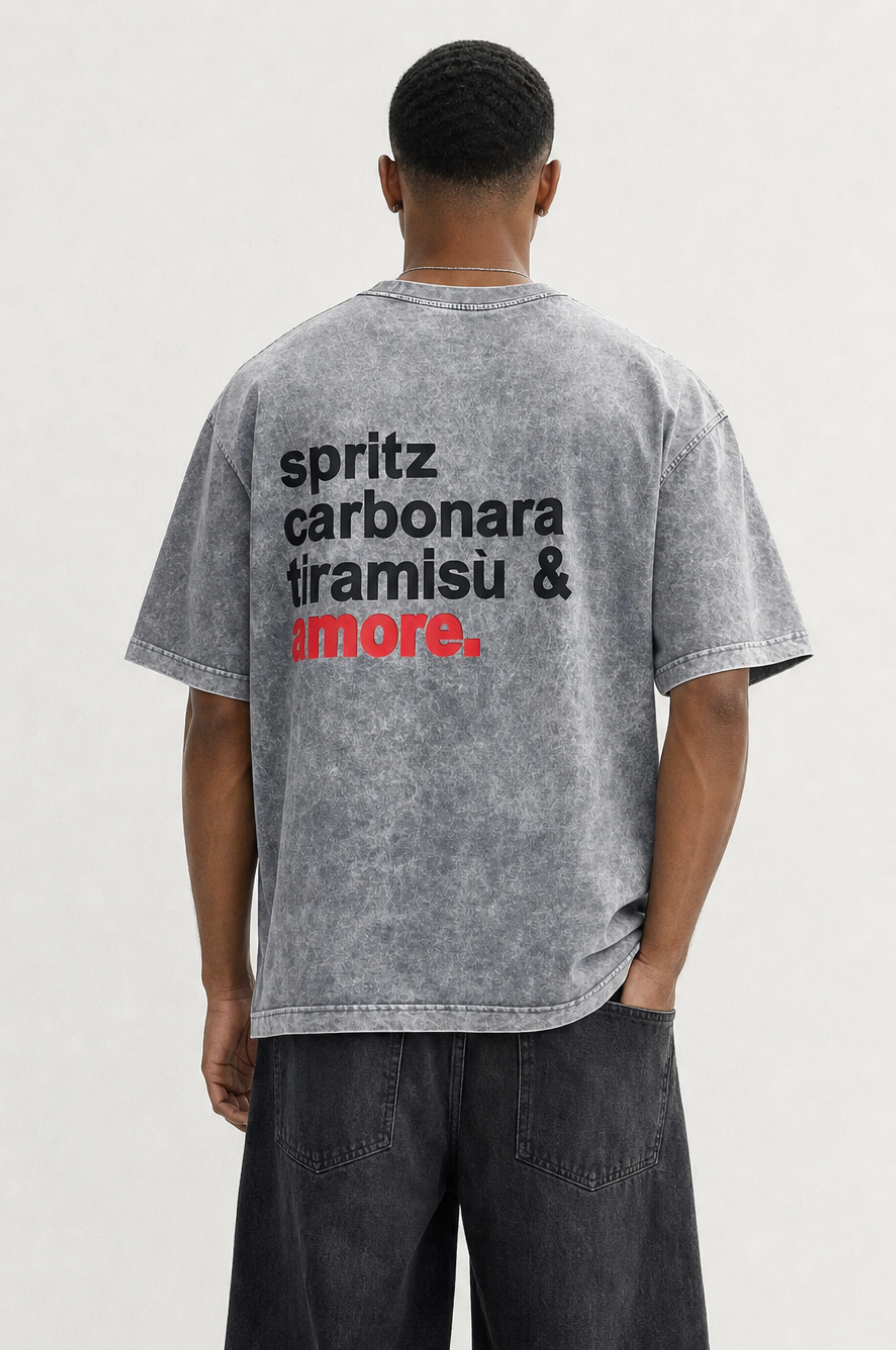 Erkek Amore Baskılı Oversize T-Shirt Gri
