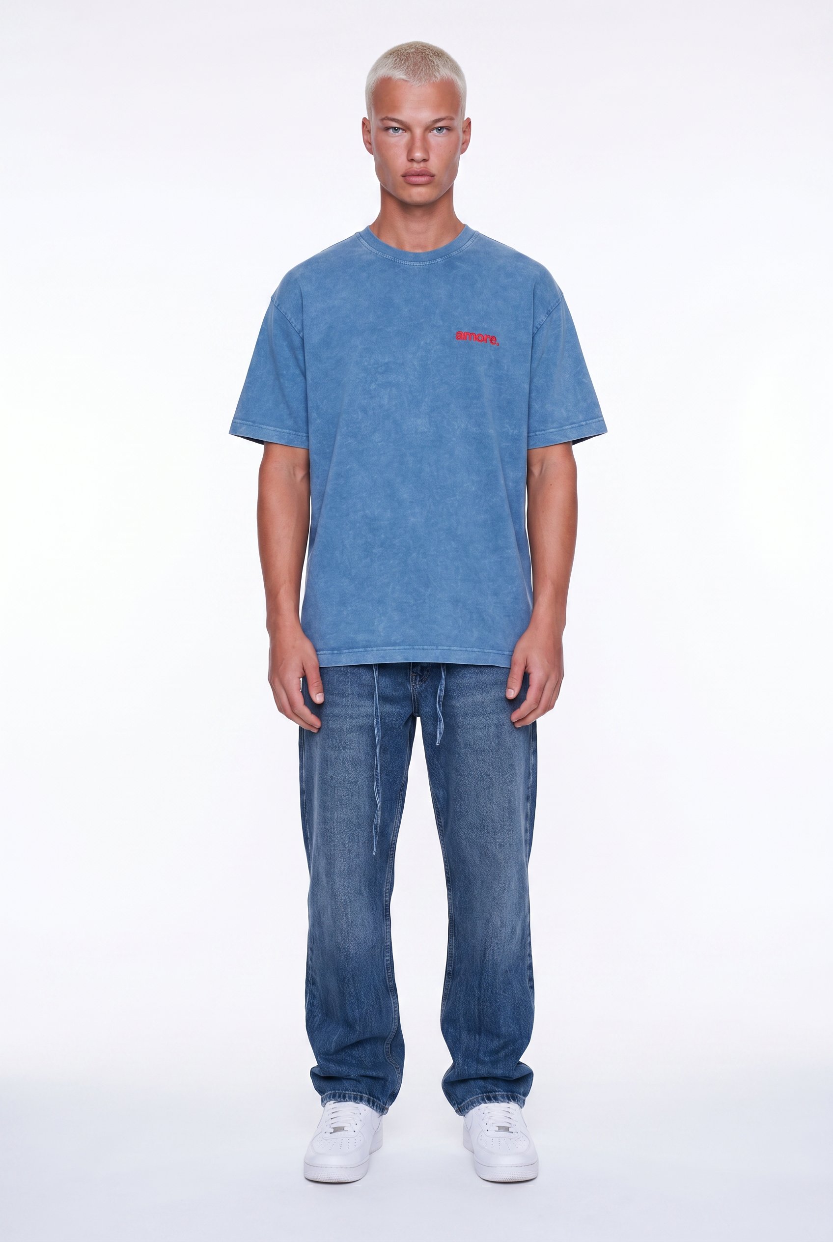 Erkek Amore Baskılı Oversize T-Shirt Mavi