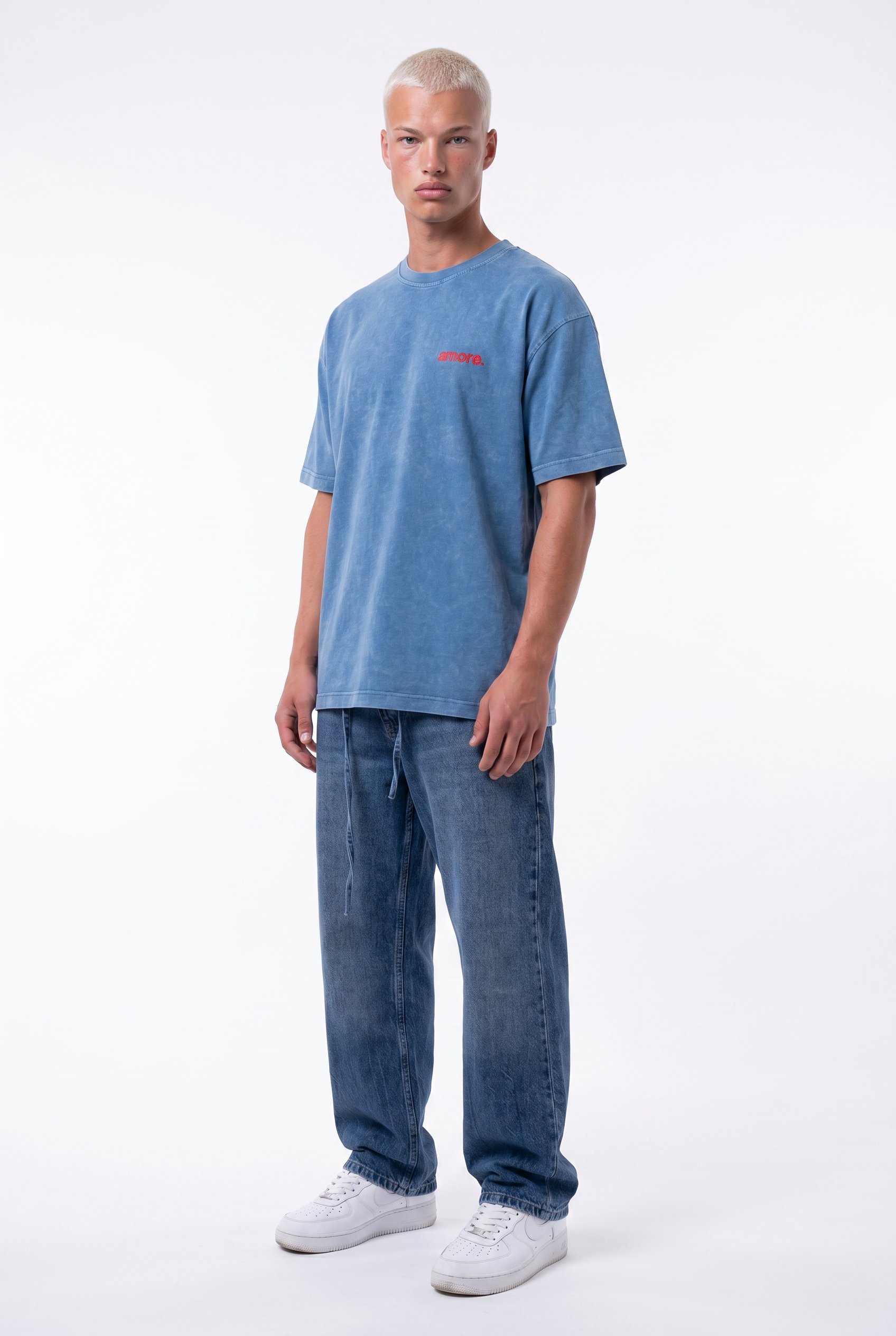 Erkek Amore Baskılı Oversize T-Shirt Mavi