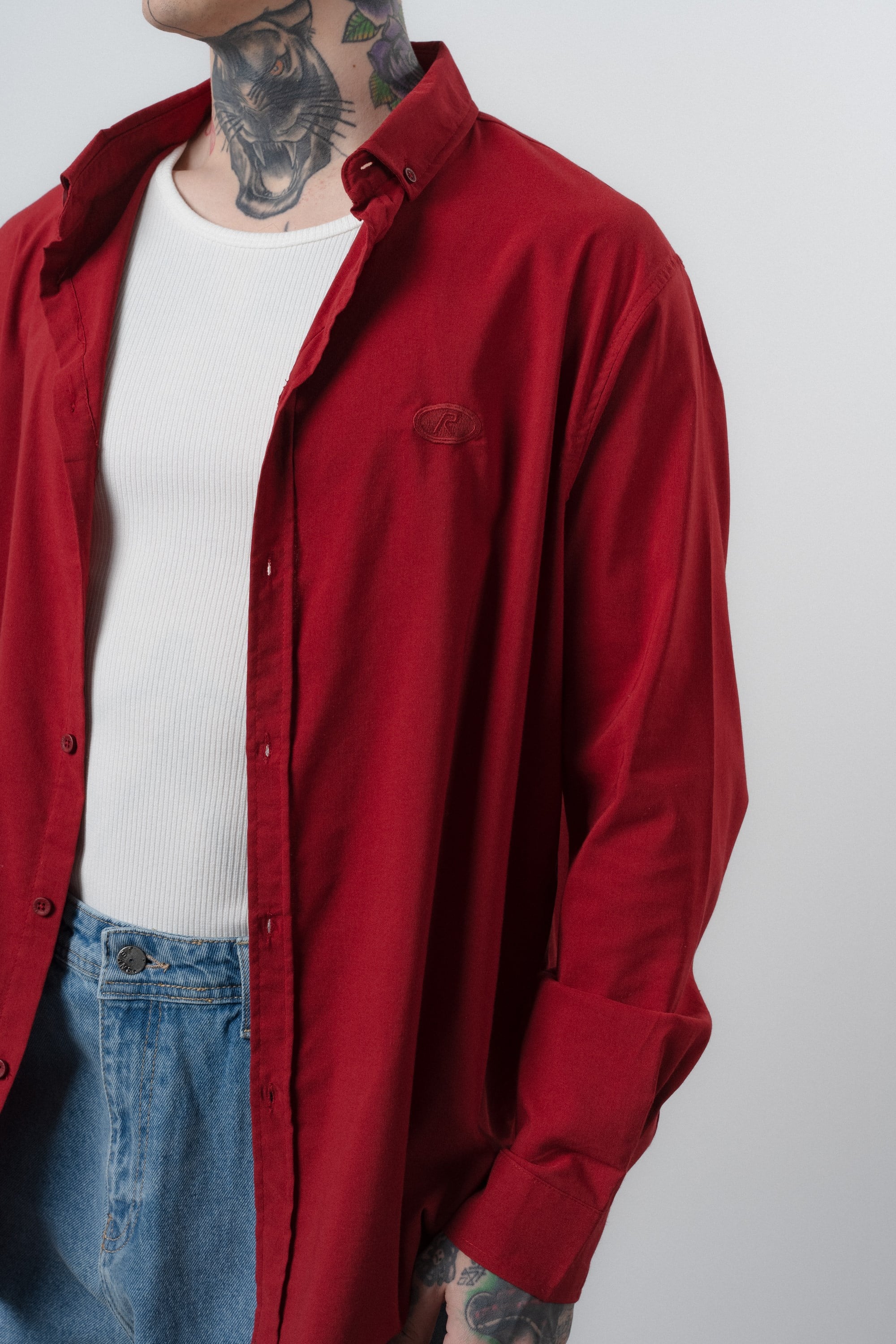 Erkek Arma Nakışlı Uzun Kollu Oversize Gömlek Bordo