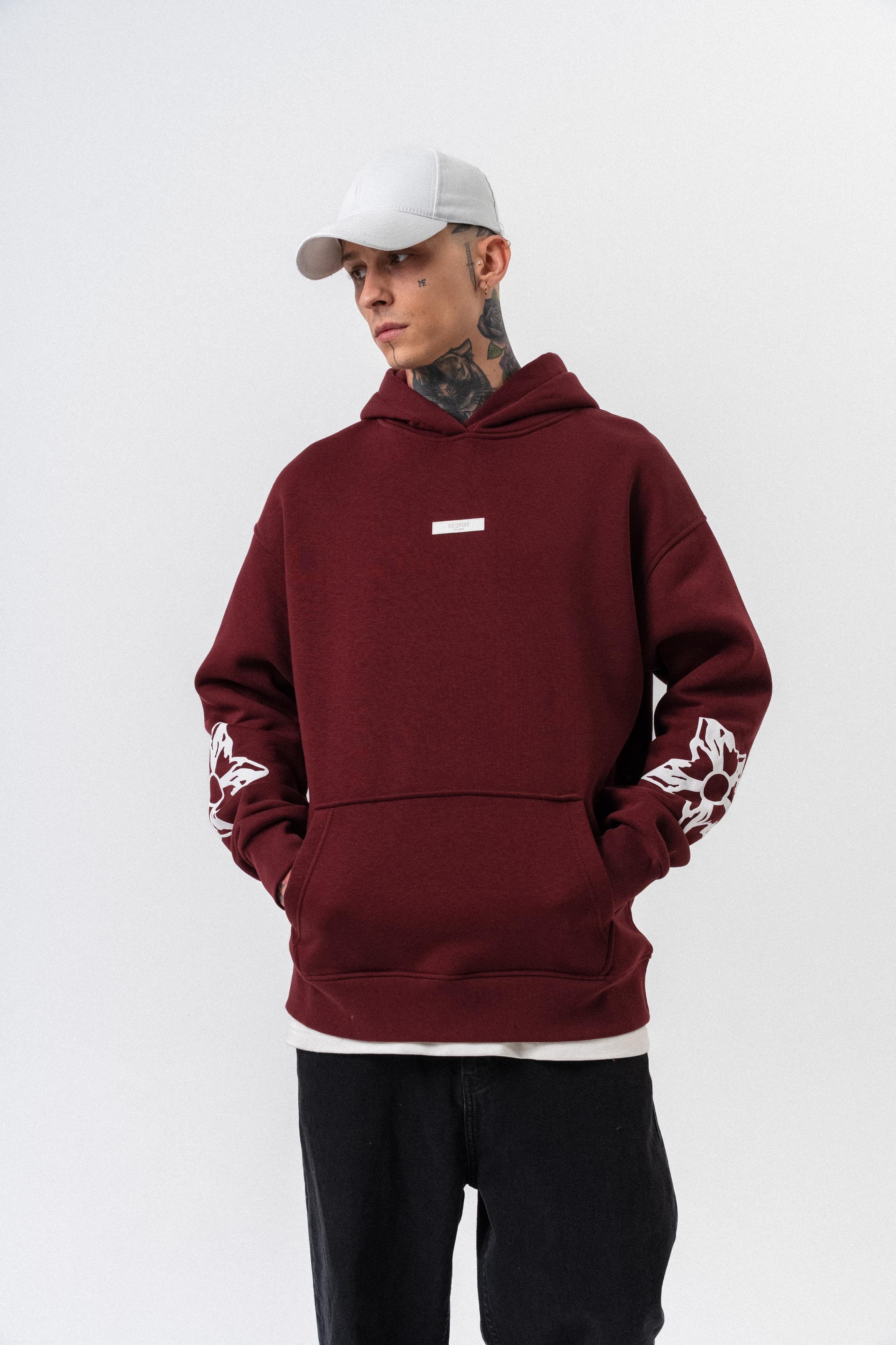 Erkek Astro Mode Baskılı Kapüşonlu Oversize Hoodie Bordo