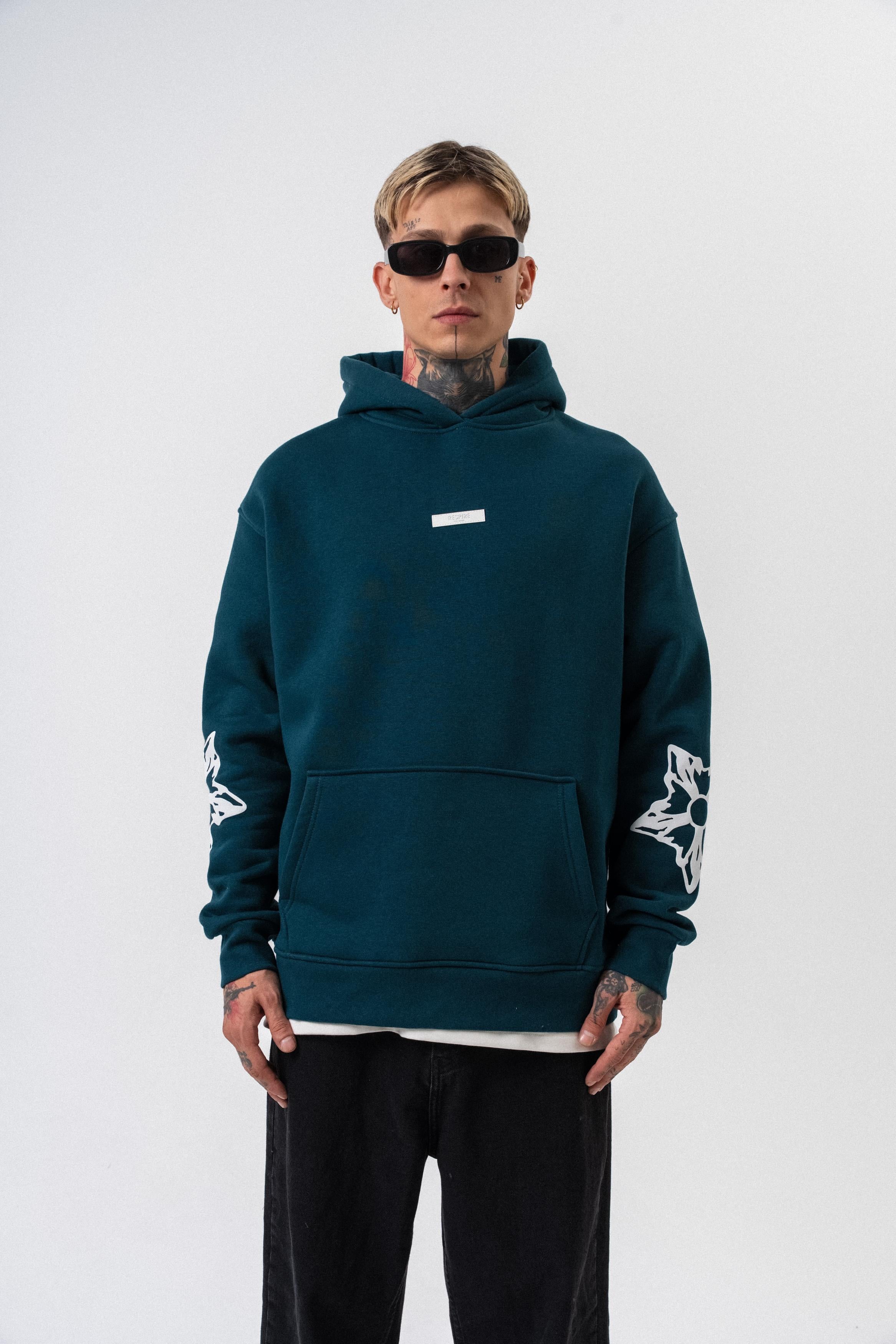 Erkek Astro Mode Baskılı Kapüşonlu Oversize Hoodie Zümrüt