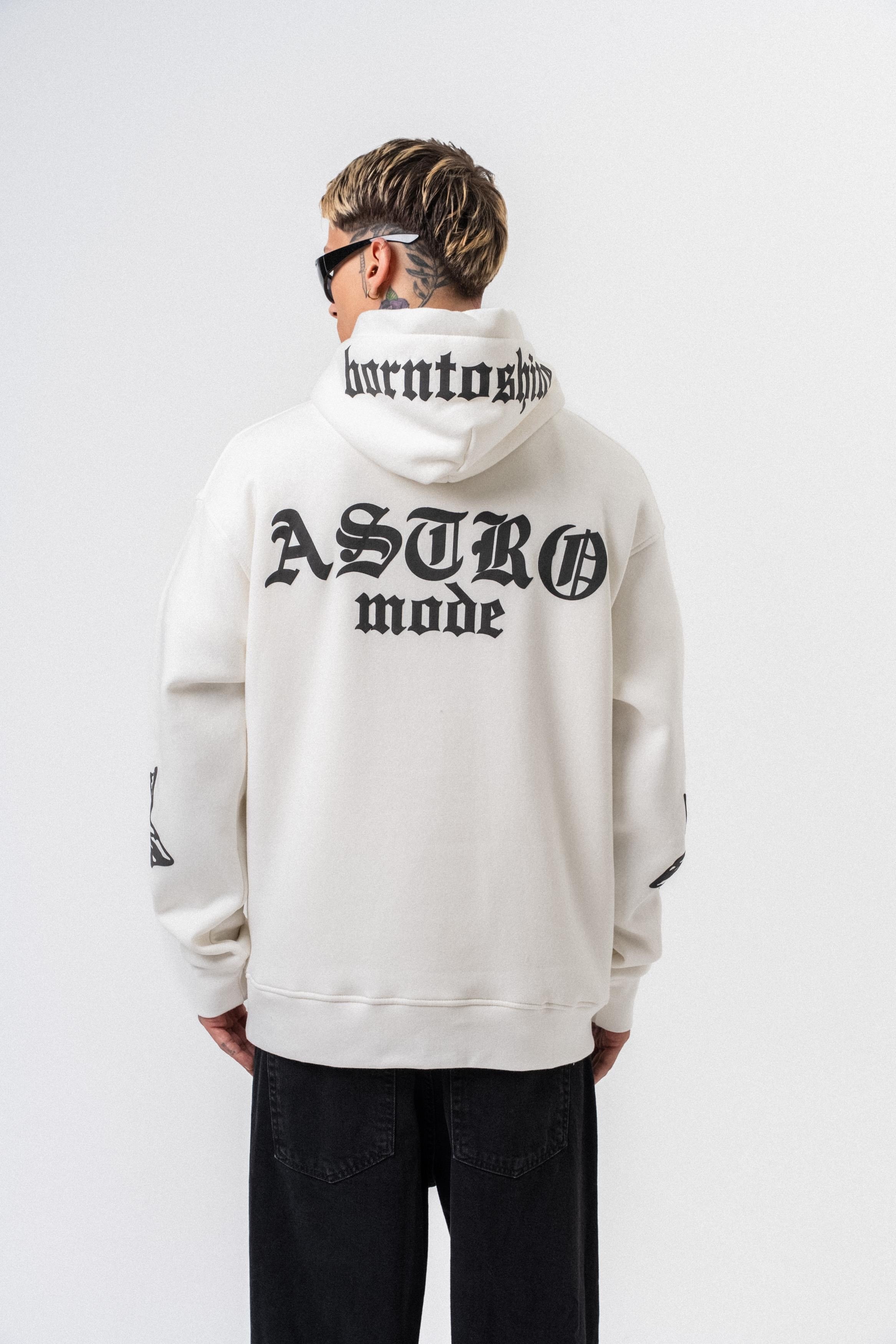 Erkek Astro Mode Baskılı Kapüşonlu Oversize Hoodie Ekru