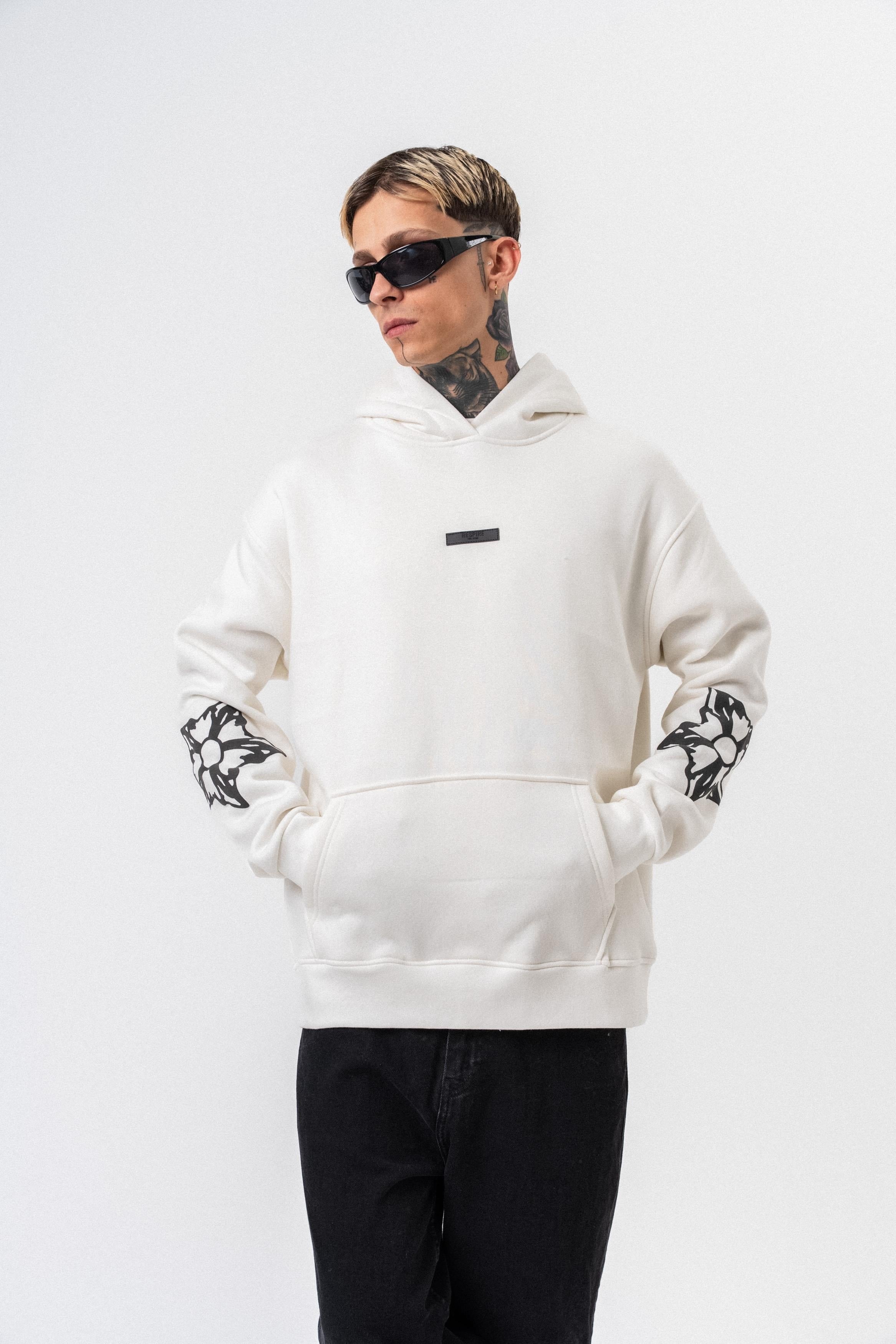 Erkek Astro Mode Baskılı Kapüşonlu Oversize Hoodie Ekru