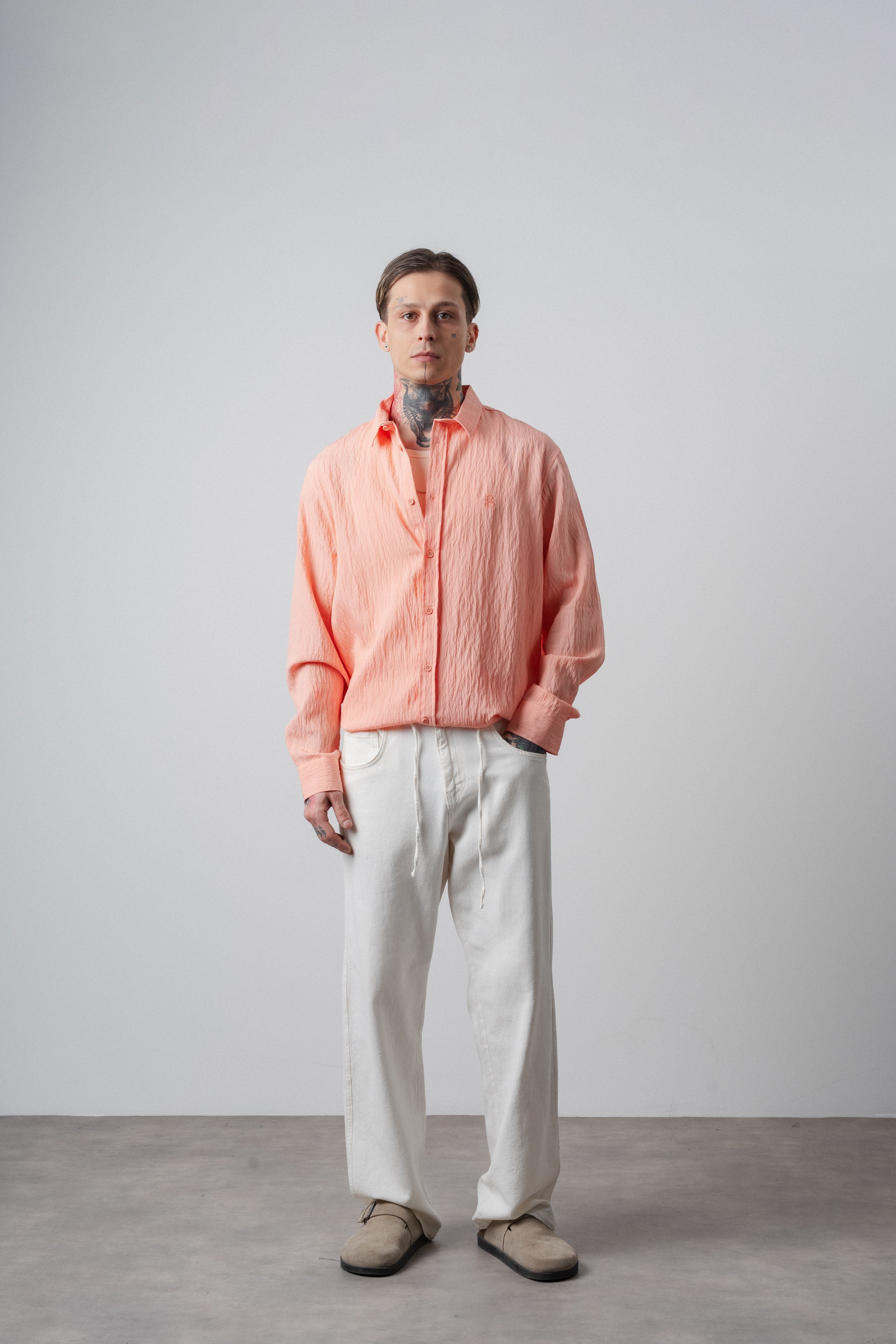 Erkek B Nakışlı Uzun Kollu Oversize Gömlek Pembe