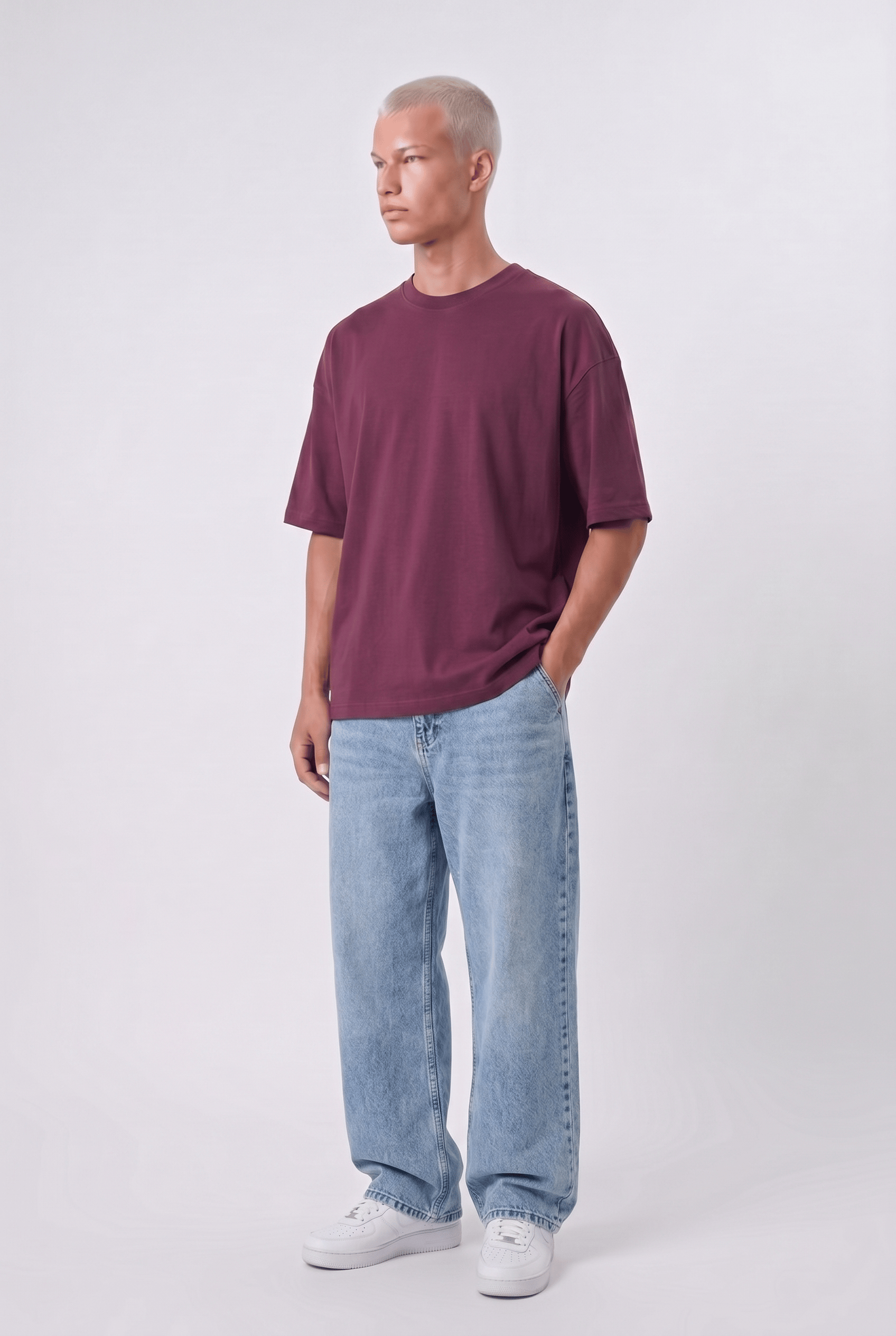 Erkek Basic Oversize T-Shirt Vişne