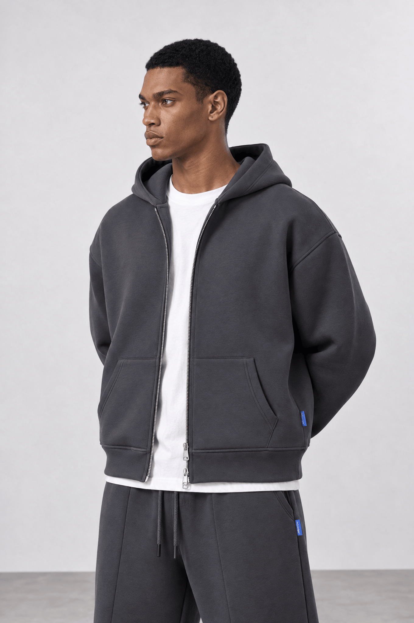 Erkek Basic Panda Oversize Zip Füme