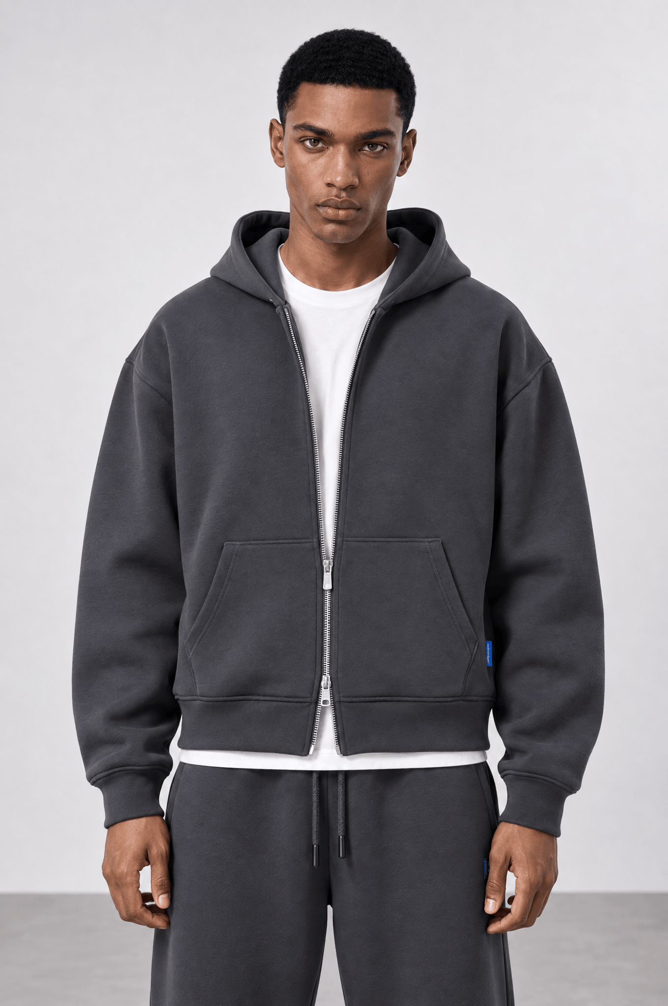 Erkek Basic Panda Oversize Zip Füme