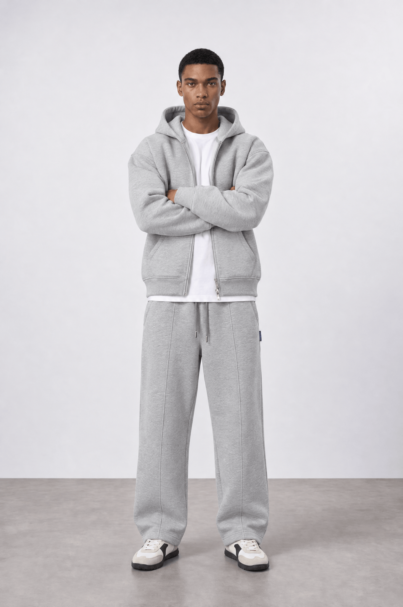 Erkek Basic Panda Oversize Zip Gri Melanj