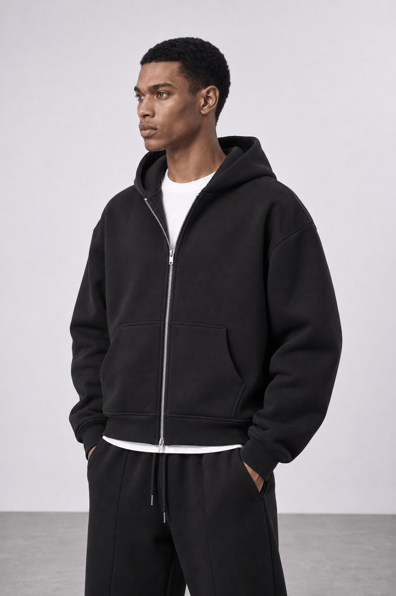 Erkek Basic Panda Oversize Zip Siyah