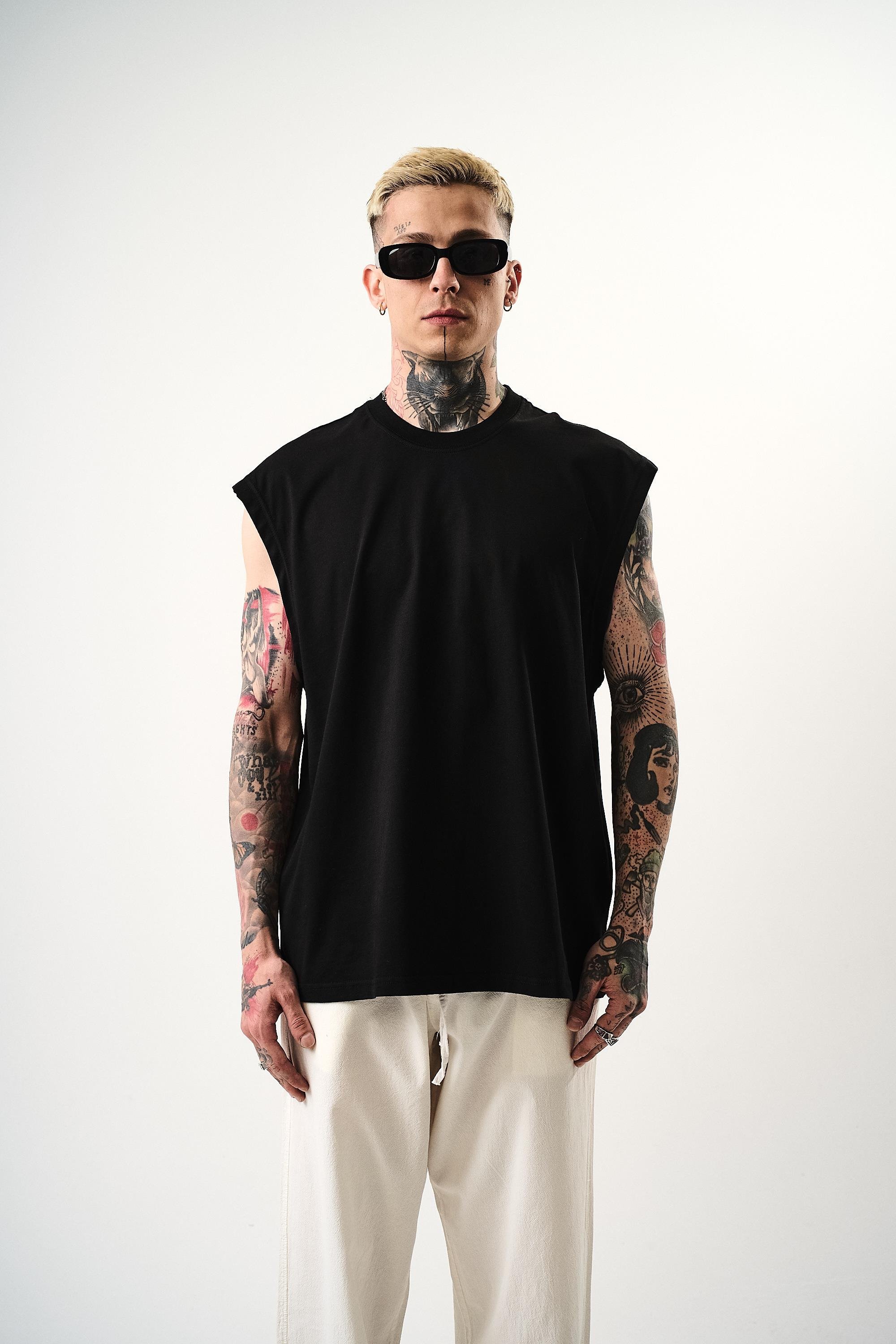 Erkek Basic Sıfır Kol Oversize T-Shirt Siyah
