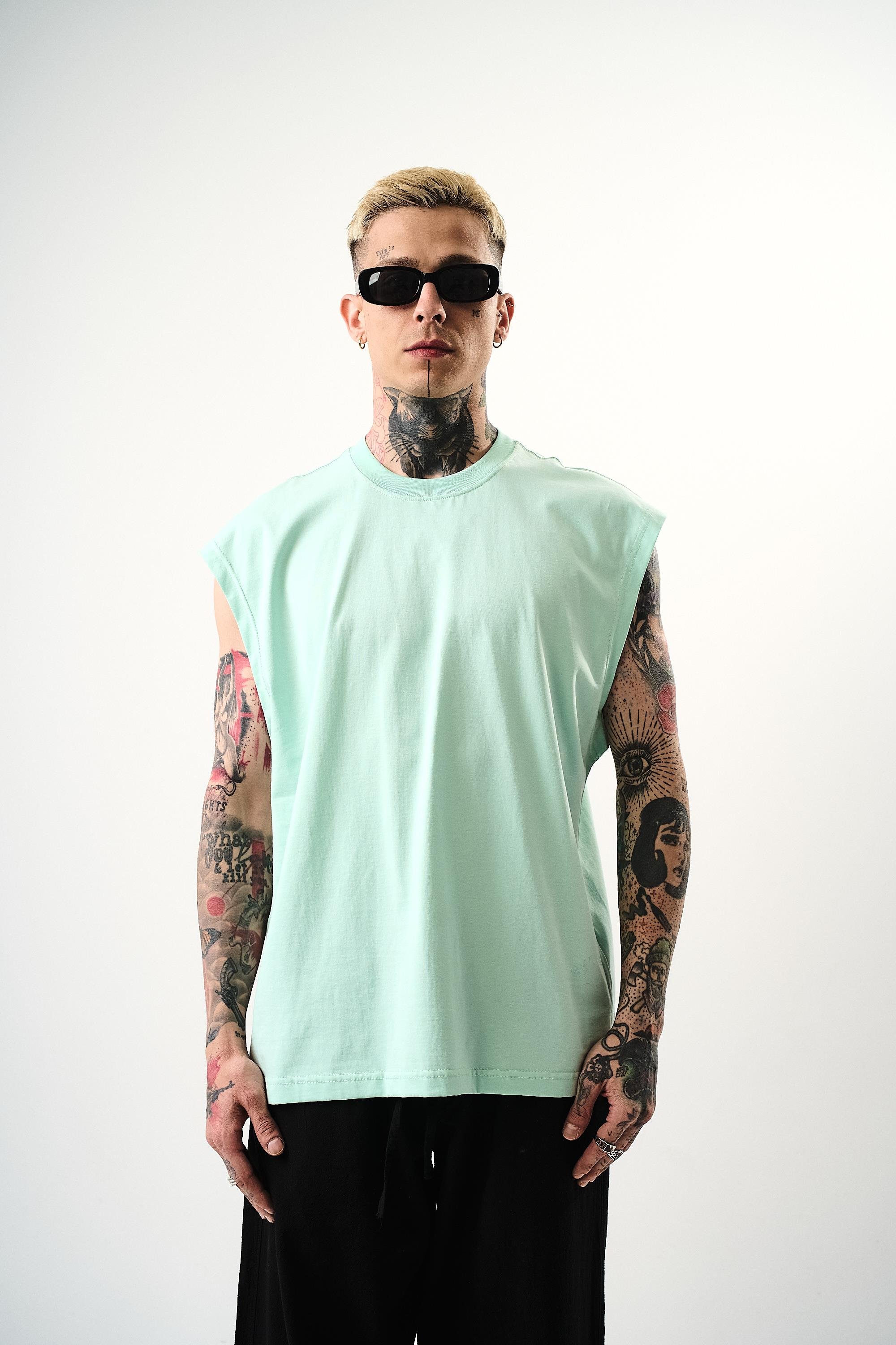 Erkek Basic Sıfır Kol Oversize T-Shirt Su Yeşili