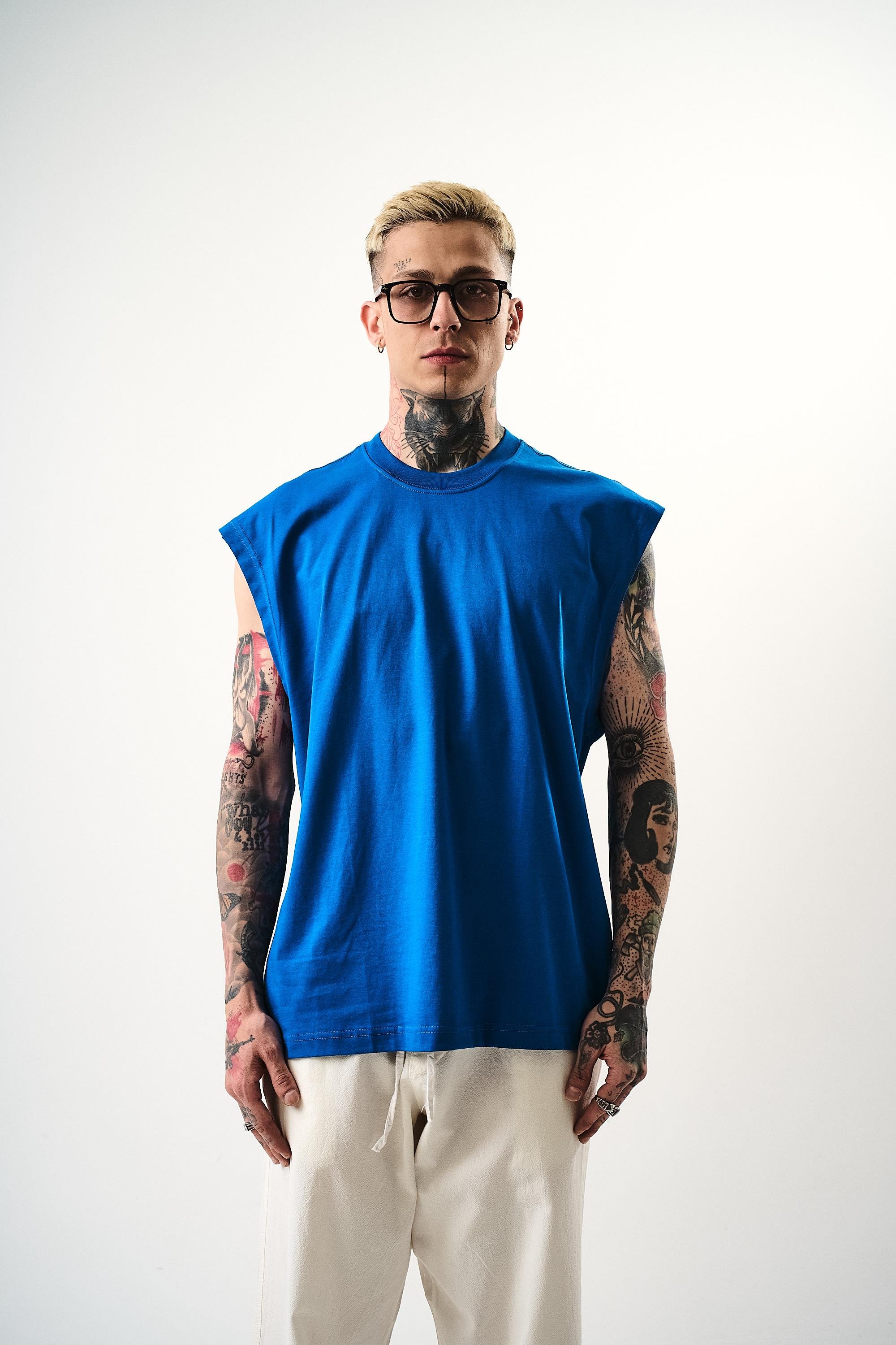 Erkek Basic Sıfır Kol Oversize T-Shirt Mavi
