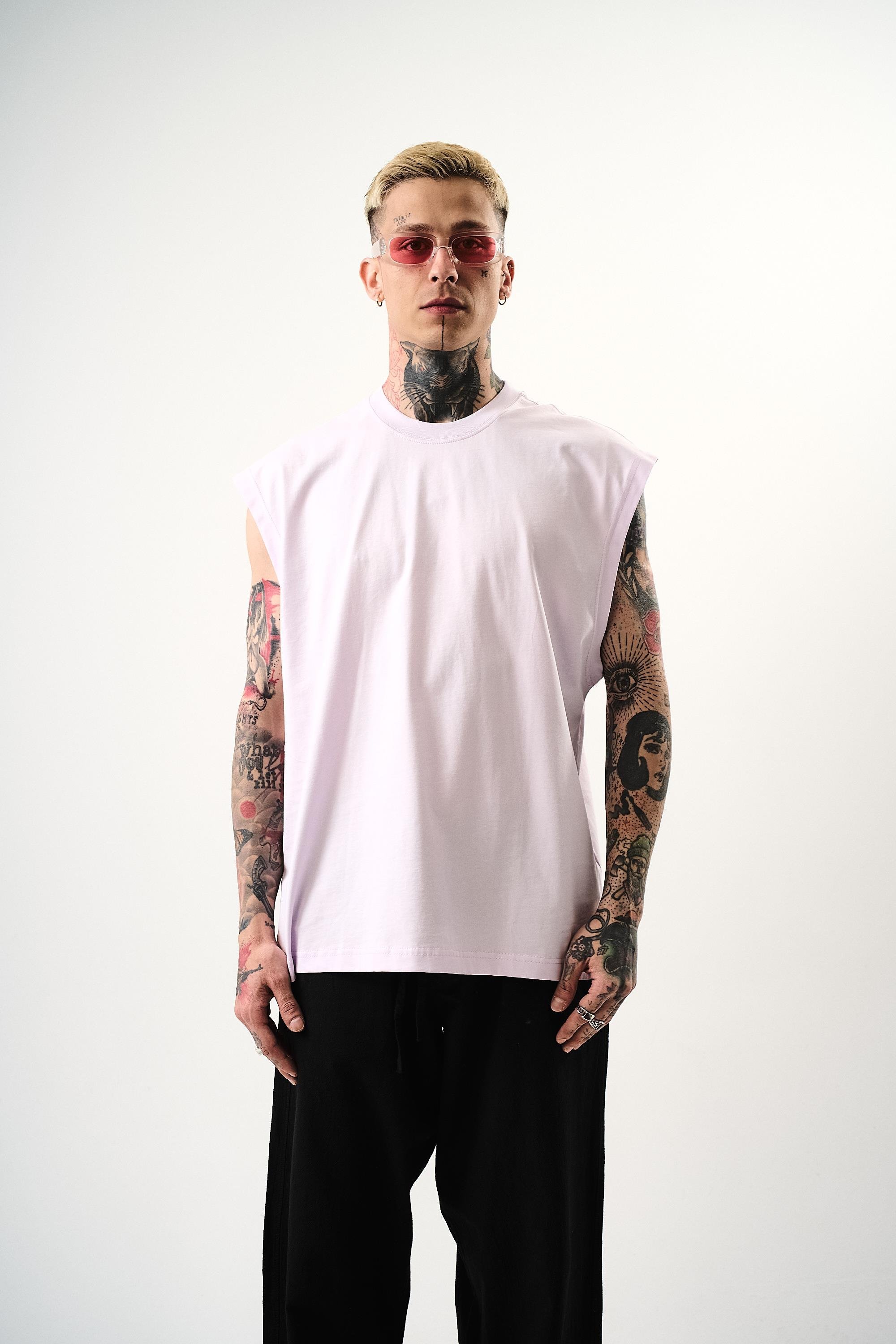 Erkek Basic Sıfır Kol Oversize T-Shirt Lila