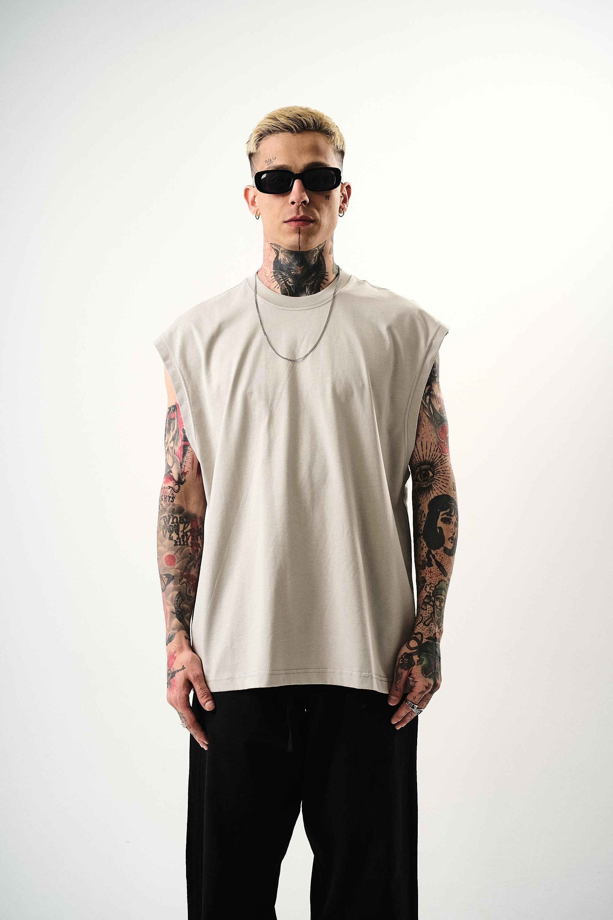 Erkek Basic Sıfır Kol Oversize T-Shirt Kemik
