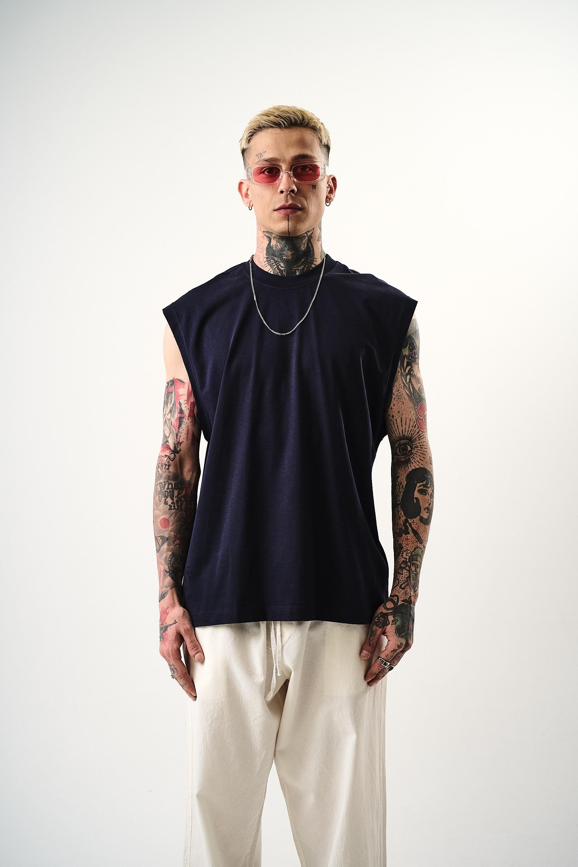 Erkek Basic Sıfır Kol Oversize T-Shirt İndigo