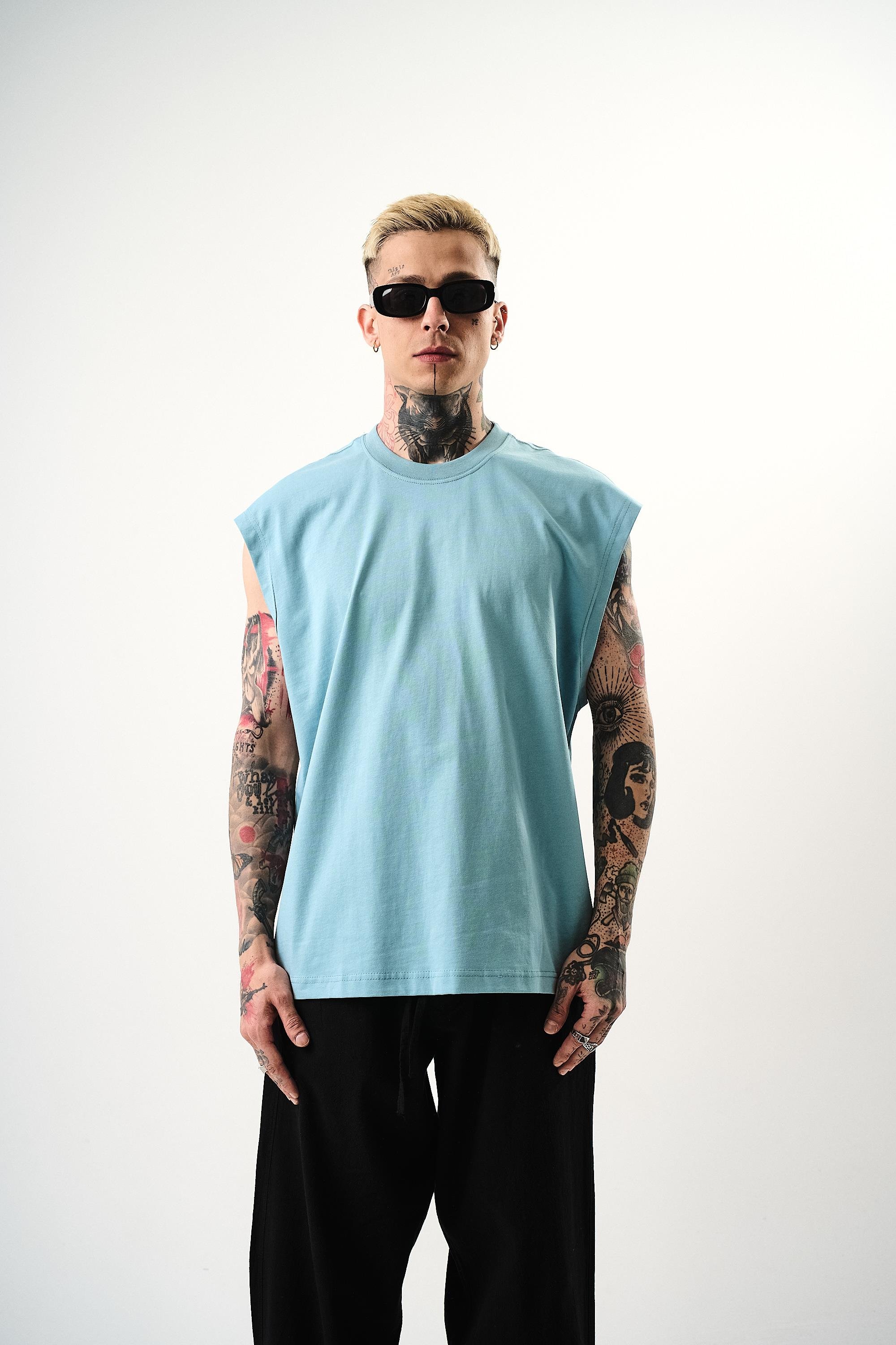 Erkek Basic Sıfır Kol Oversize T-Shirt BebeMavi