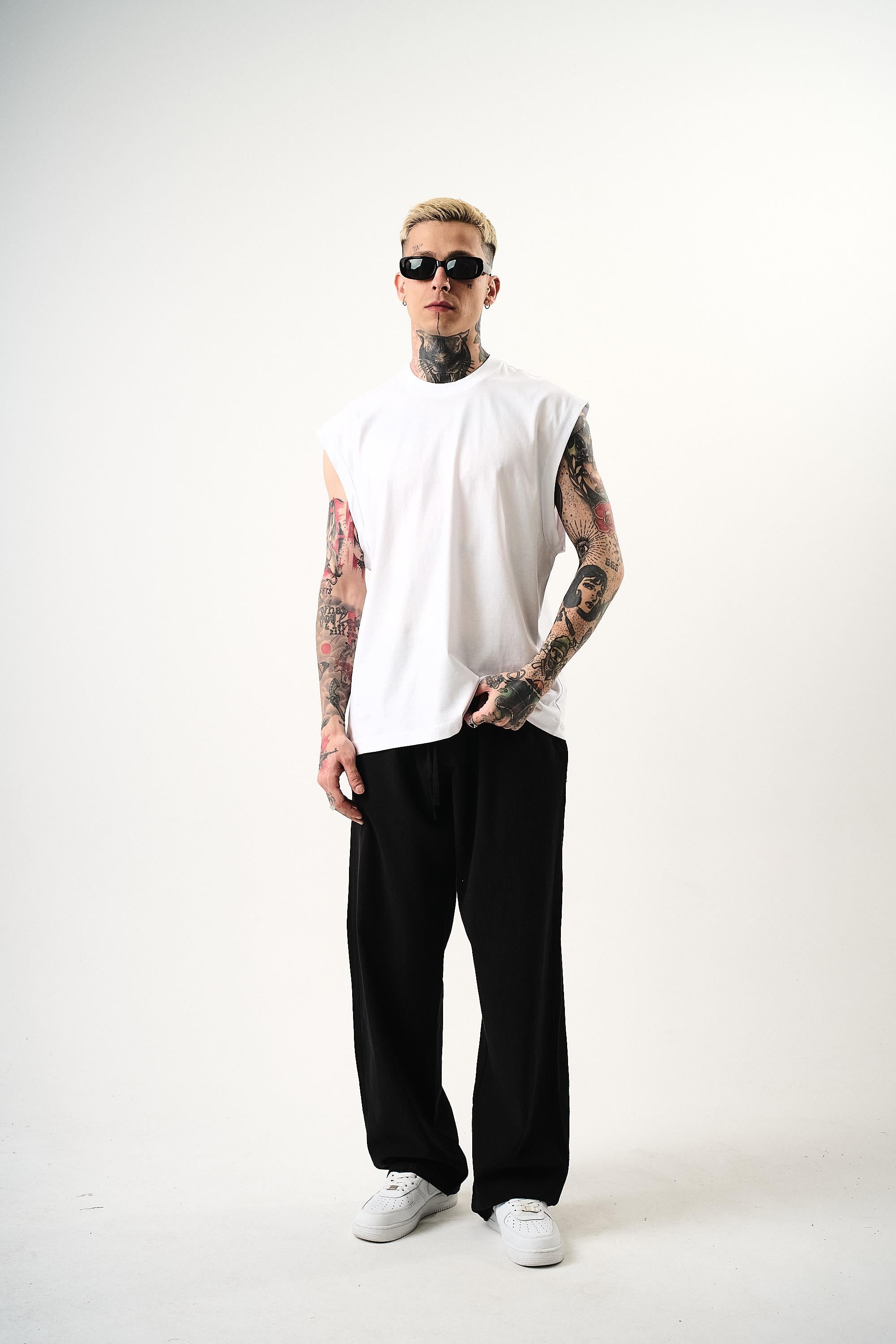 Erkek Basic Sıfır Kol Oversize T-Shirt Beyaz
