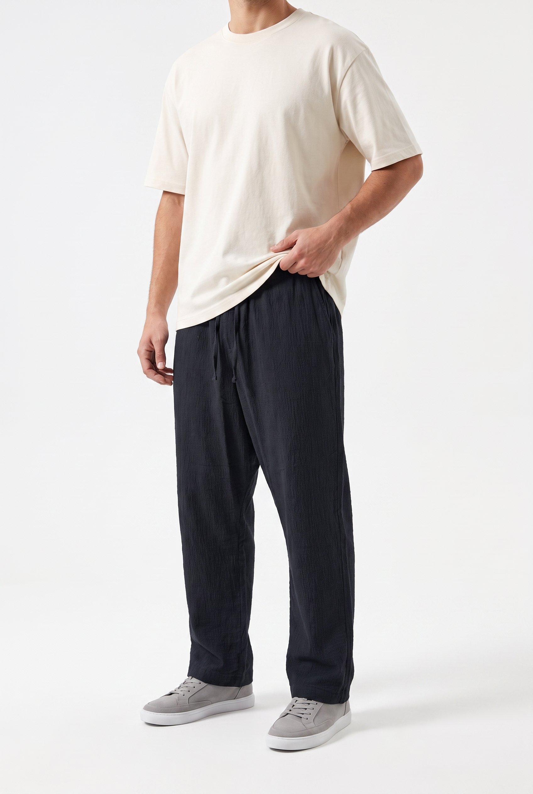 Erkek Beli Lastikli Dokuma Baggy Pantolon Siyah