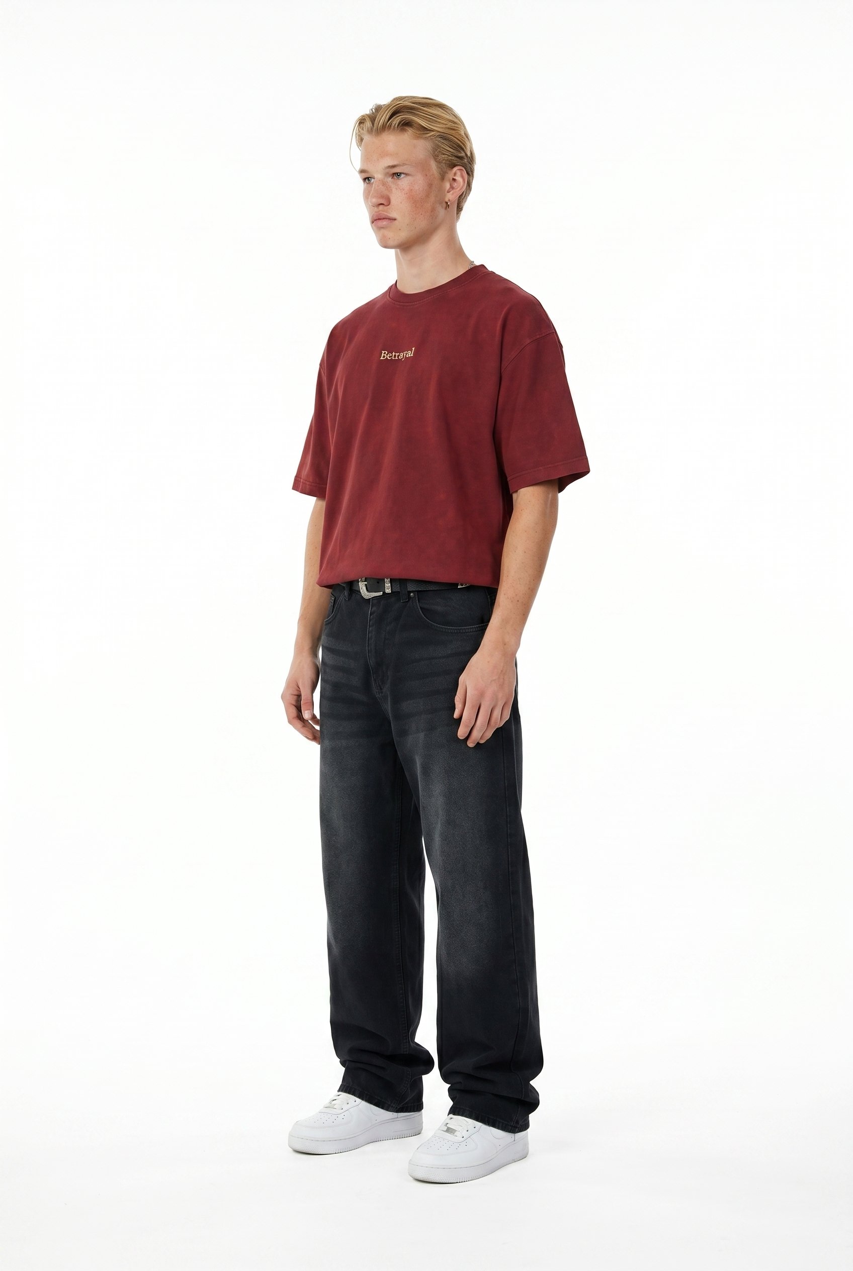 Erkek Betrayal Baskılı Yıkamalı Oversize T-Shirt Bordo
