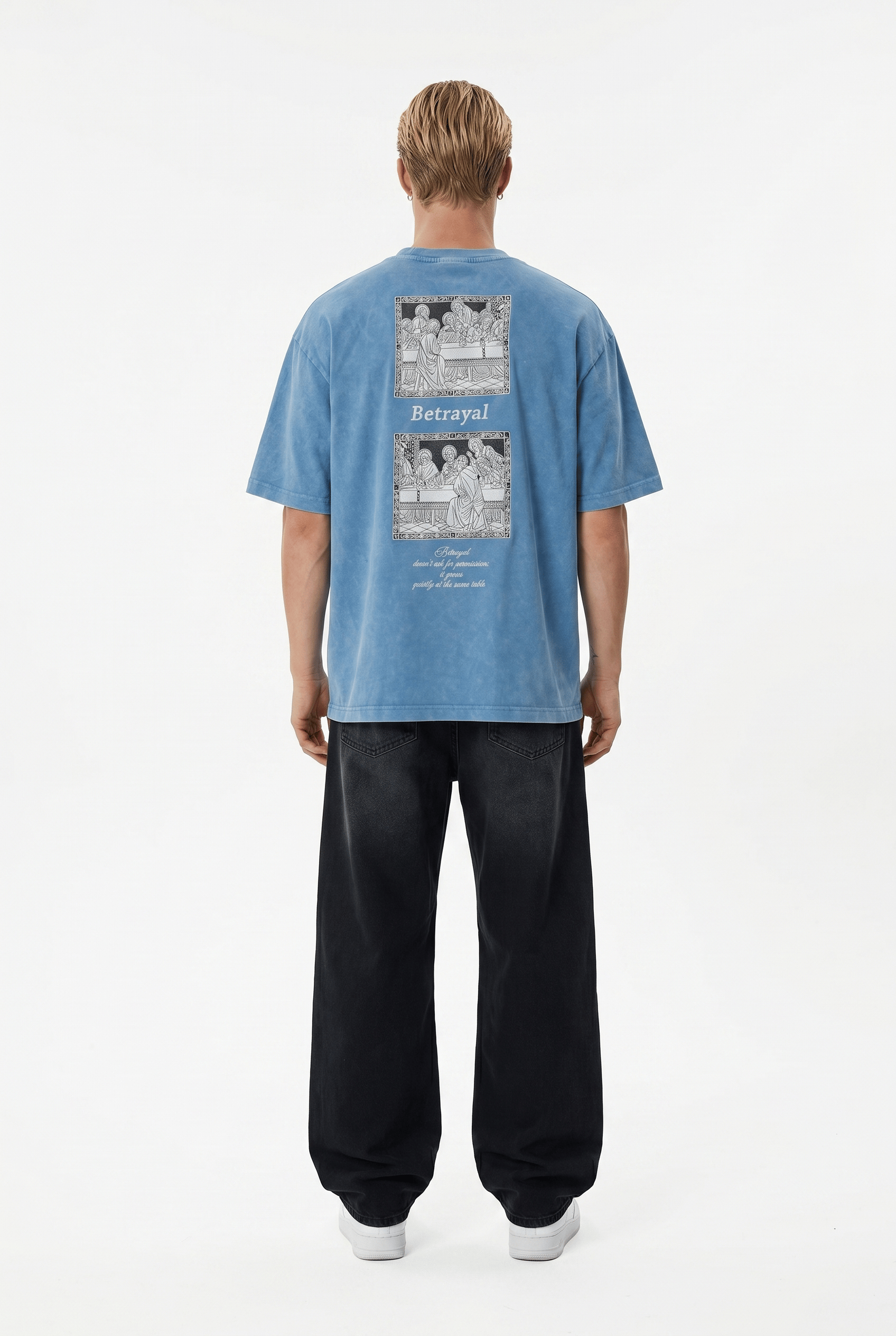 Erkek Betrayal Baskılı Yıkamalı Oversize T-Shirt Bebe Mavi
