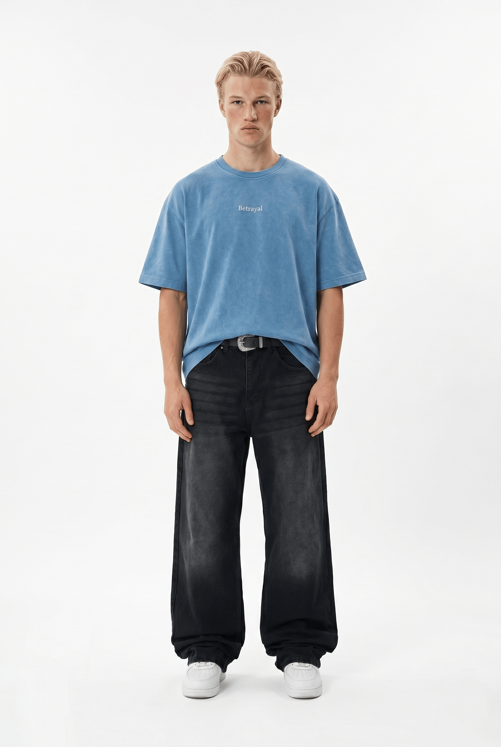 Erkek Betrayal Baskılı Yıkamalı Oversize T-Shirt Bebe Mavi
