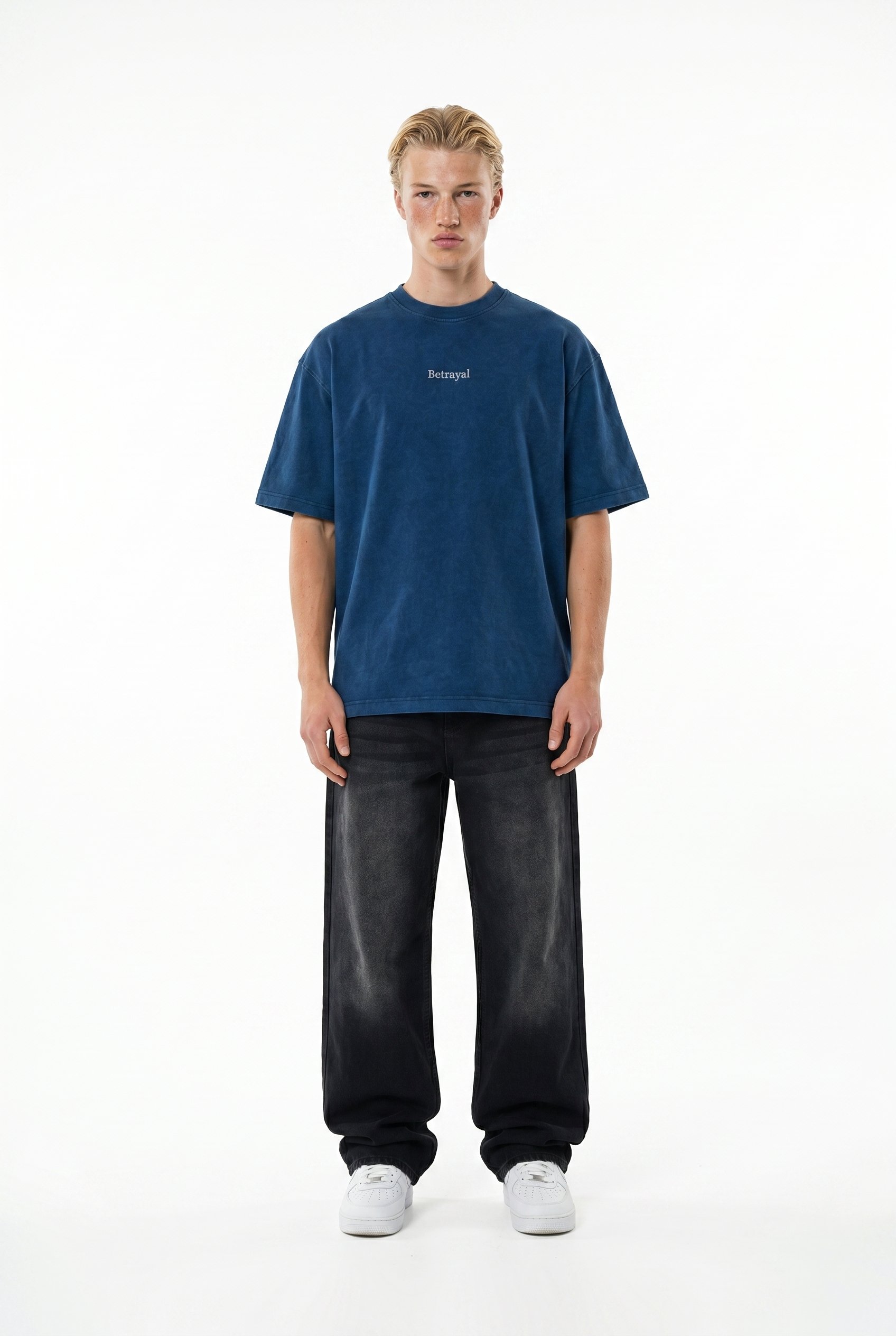 Erkek Betrayal Baskılı Yıkamalı Oversize T-Shirt Lacivert