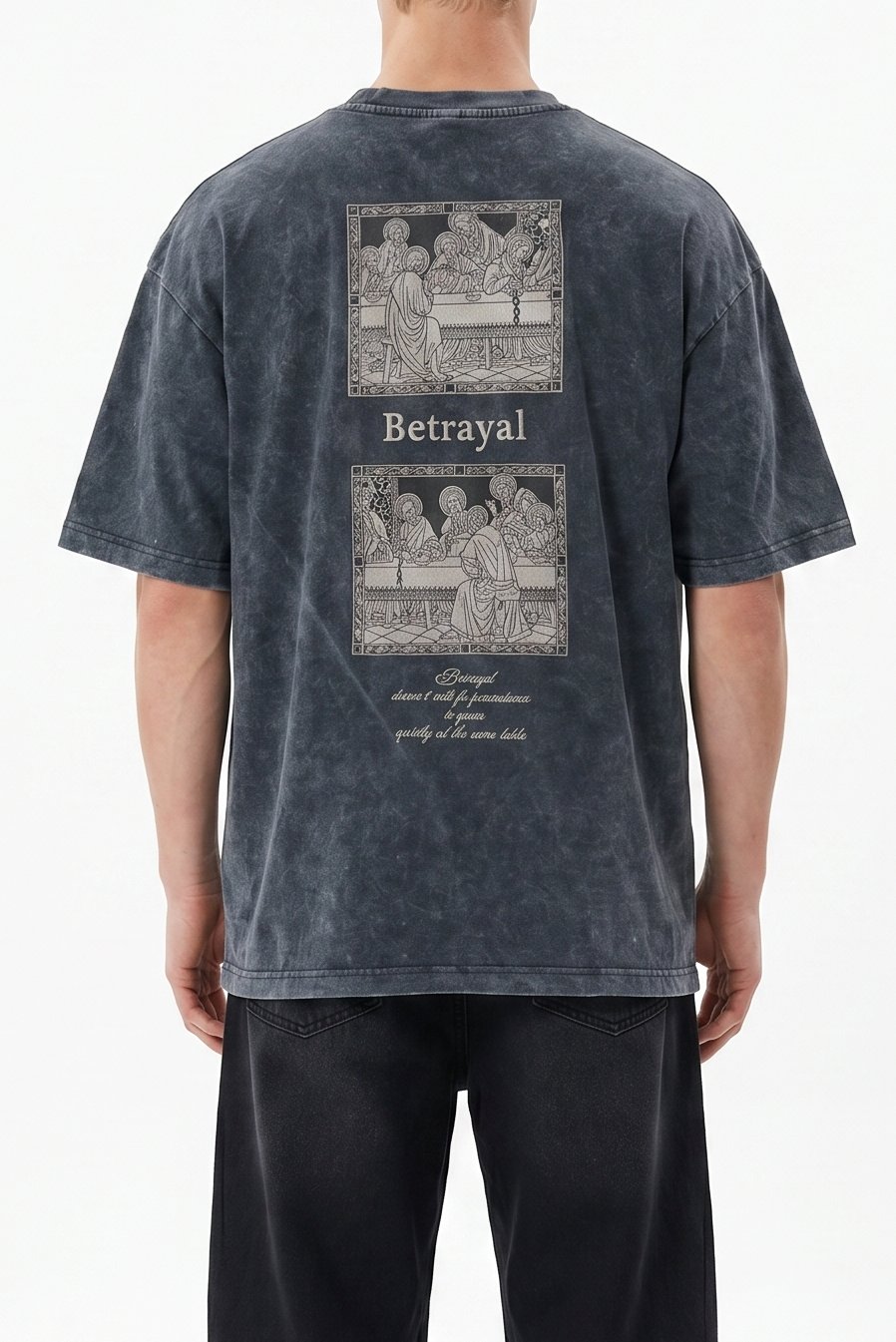 Erkek Betrayal Baskılı Yıkamalı Oversize T-Shirt Siyah