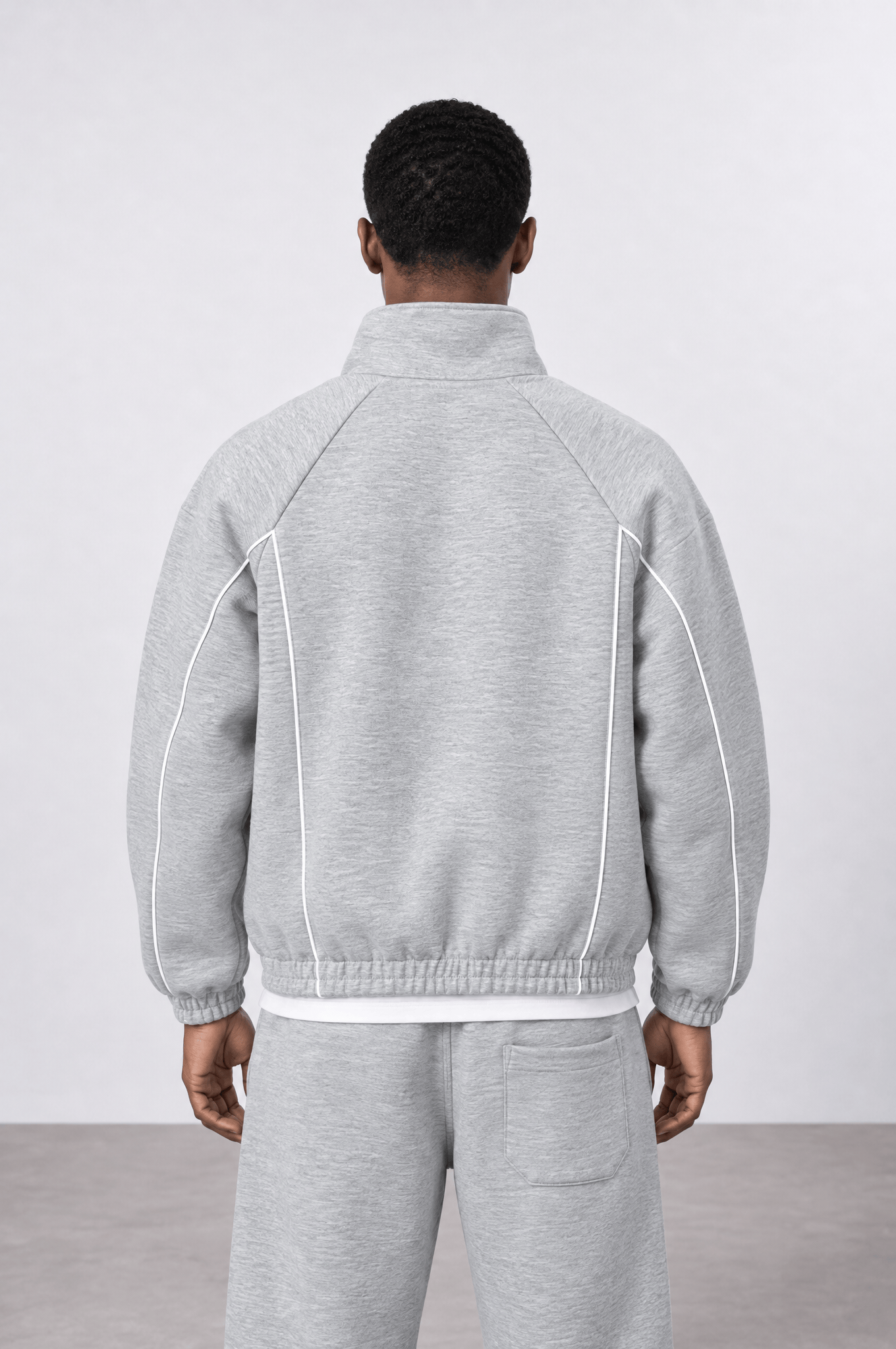 Erkek Biye Detaylı Panda Oversize Zip Gri Melanj