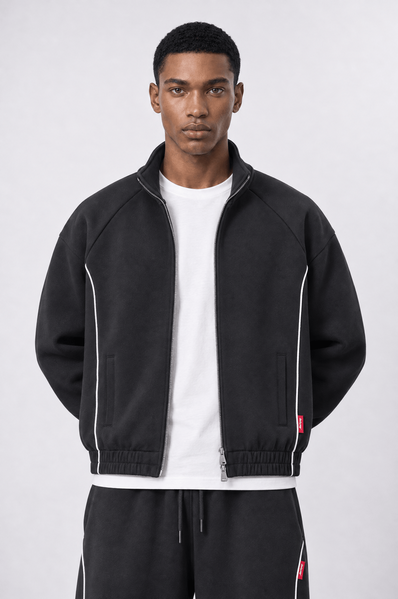 Erkek Biye Detaylı Panda Oversize Zip Siyah