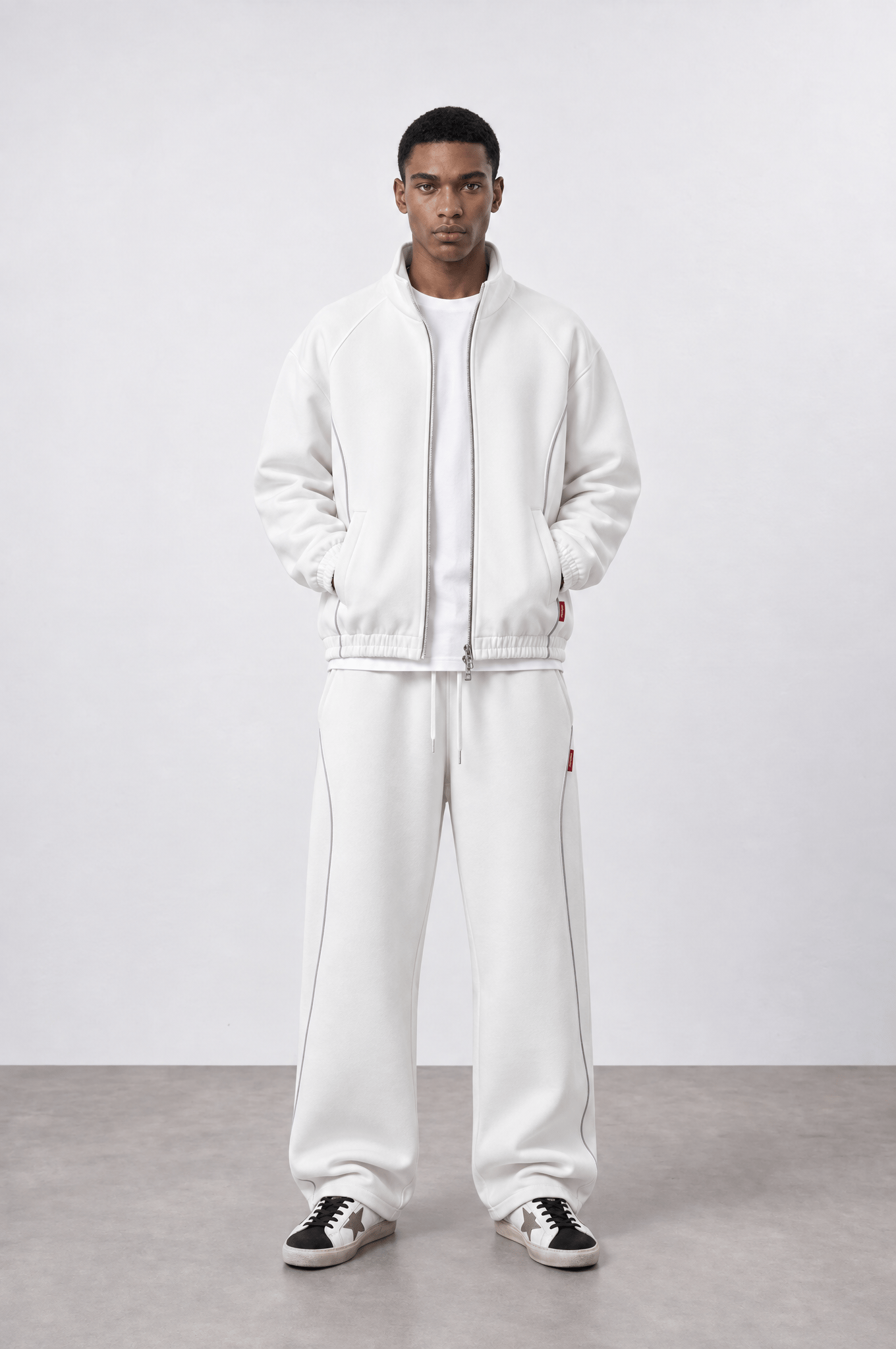 Erkek Biye Detaylı Panda Oversize Zip Ekru