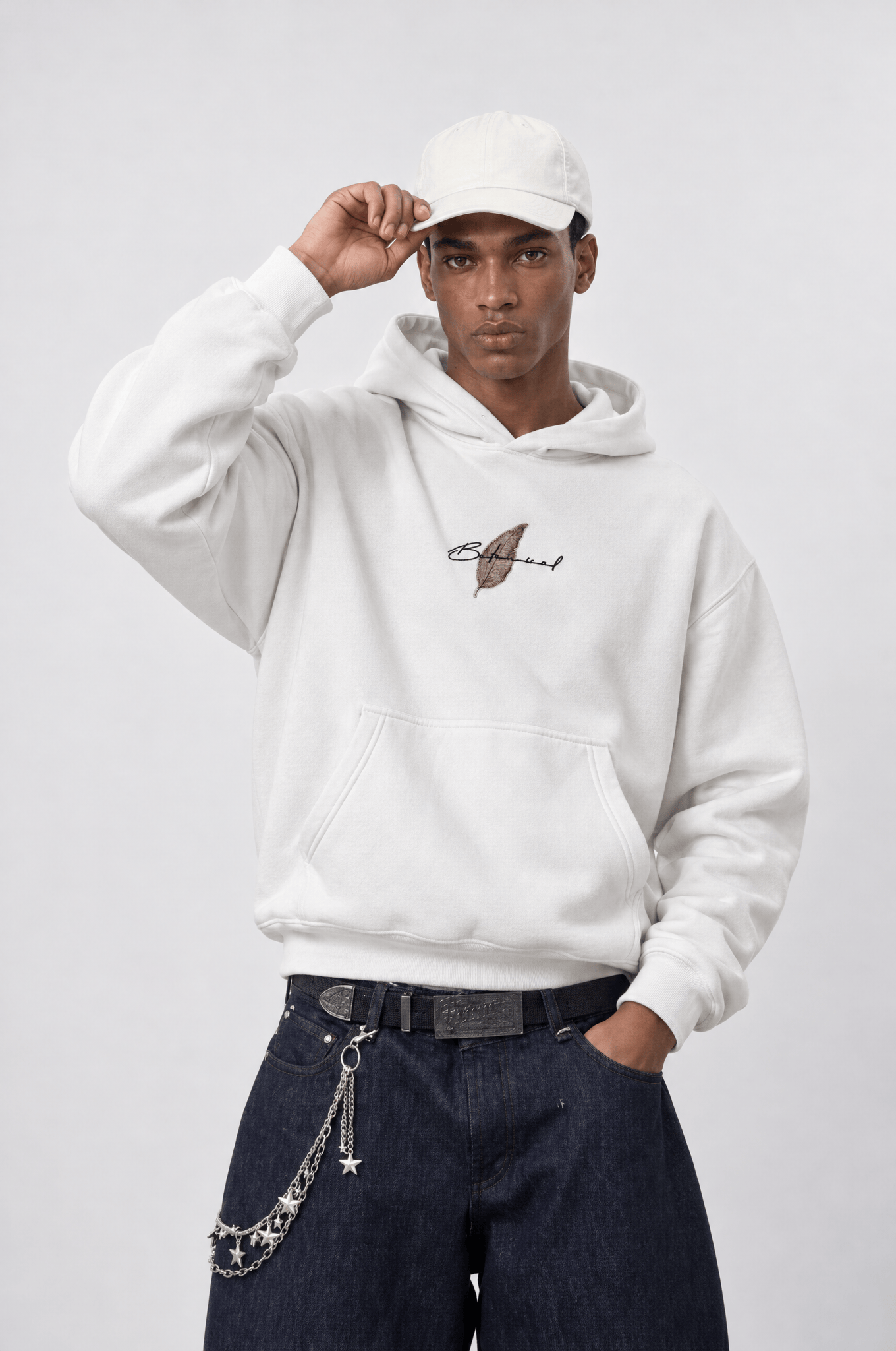Erkek Botanical Patch Detaylı Oversize Hoodie Ekru