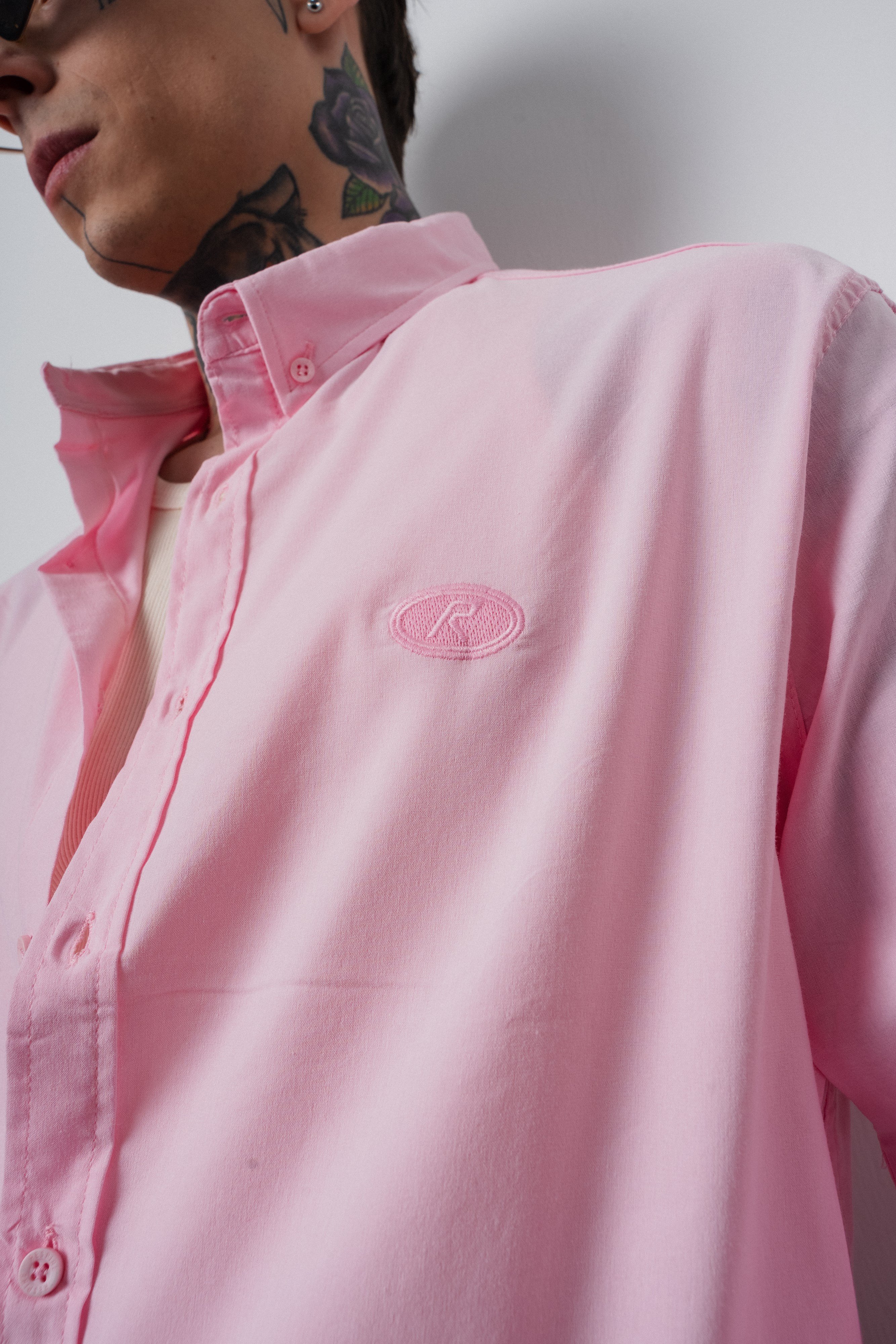 Erkek C Nakışlı Uzun Kollu Oversize Gömlek Pembe