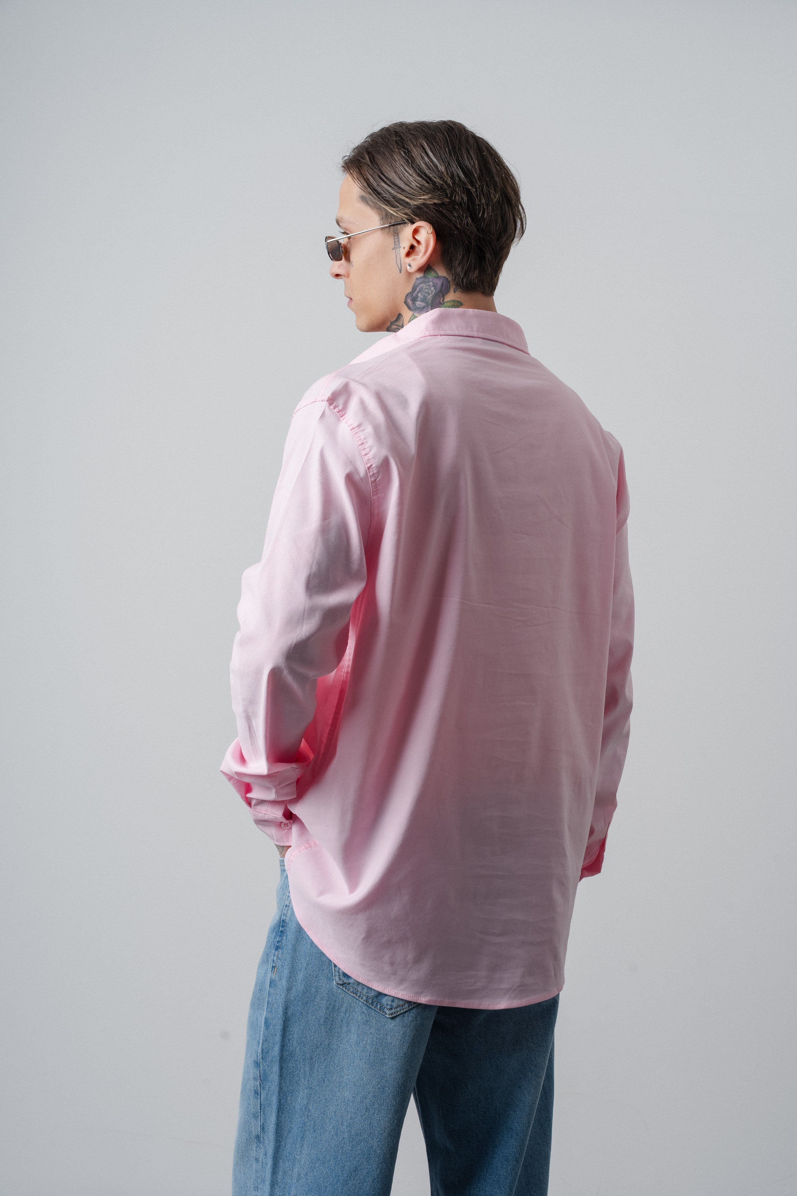 Erkek C Nakışlı Uzun Kollu Oversize Gömlek Pembe