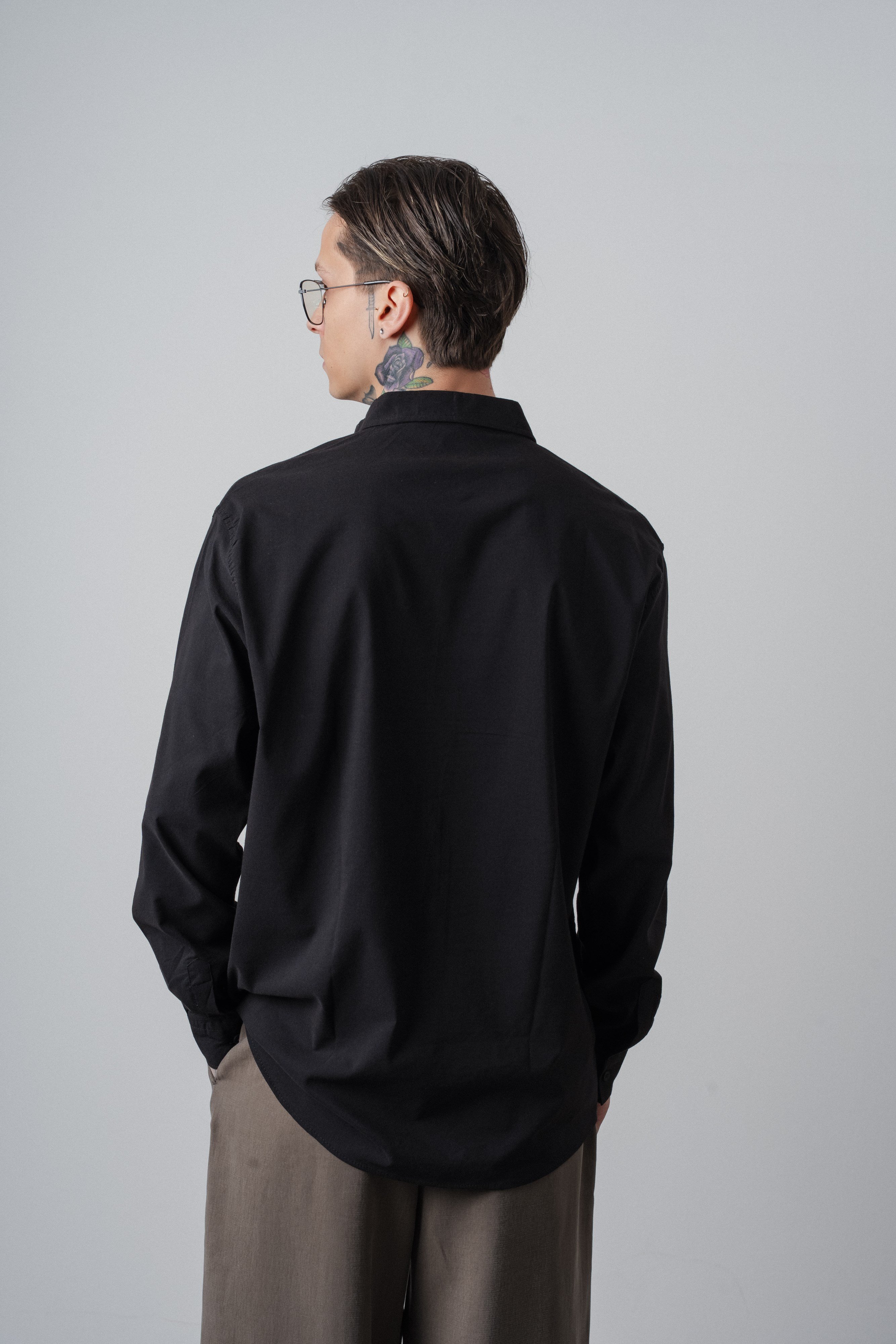 Erkek C Nakışlı Uzun Kollu Oversize Gömlek Siyah
