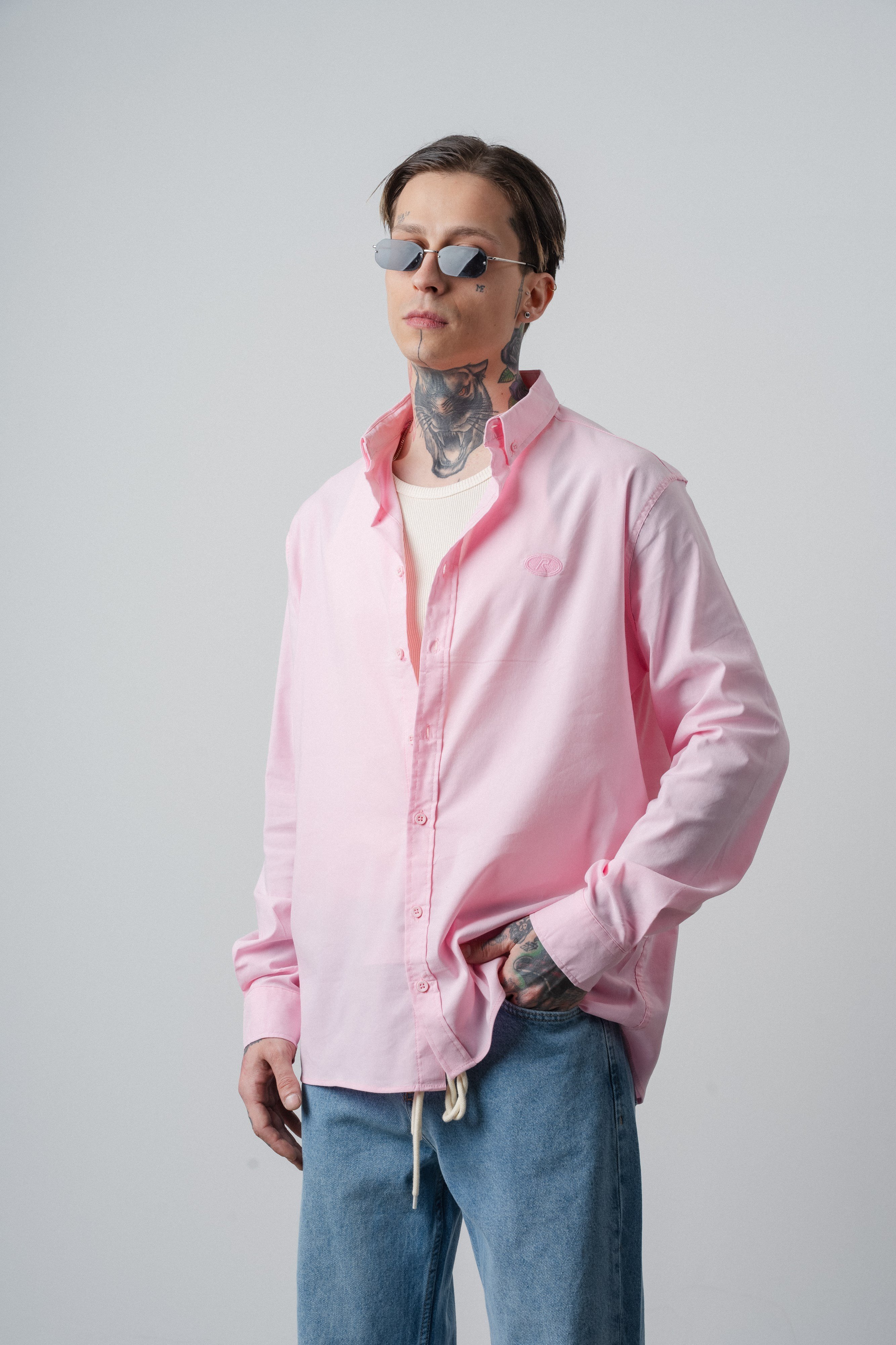 Erkek C Nakışlı Uzun Kollu Oversize Gömlek Pembe