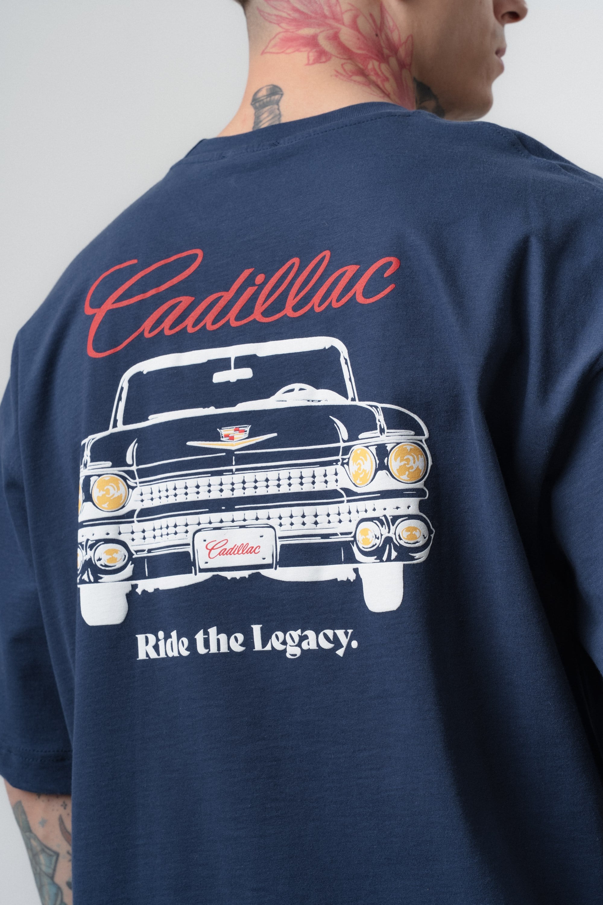 Erkek Cadillac Baskılı Oversize T-Shirt Lacivert