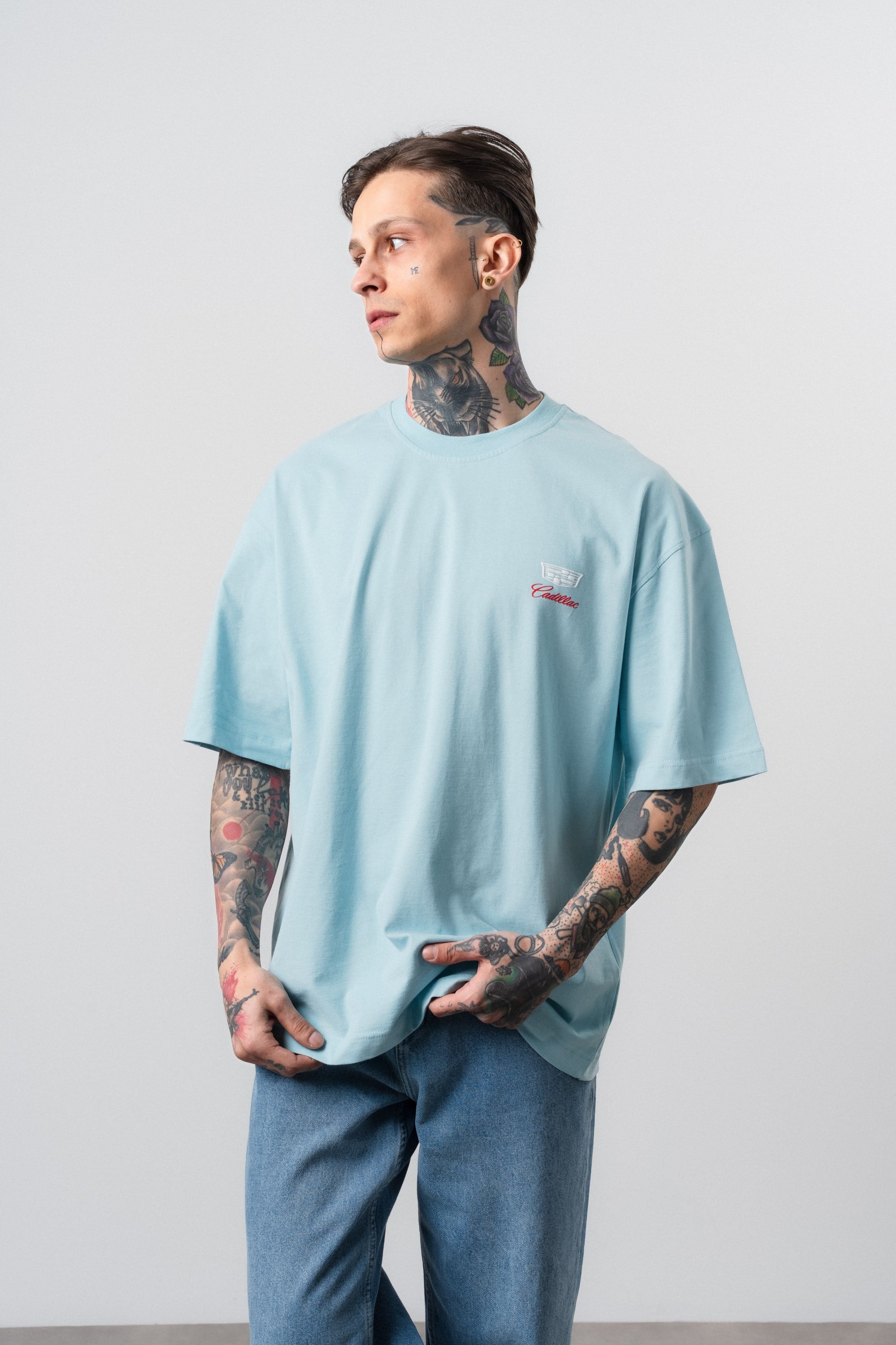 Erkek Cadillac Baskılı Oversize T-Shirt Bebe Mavi