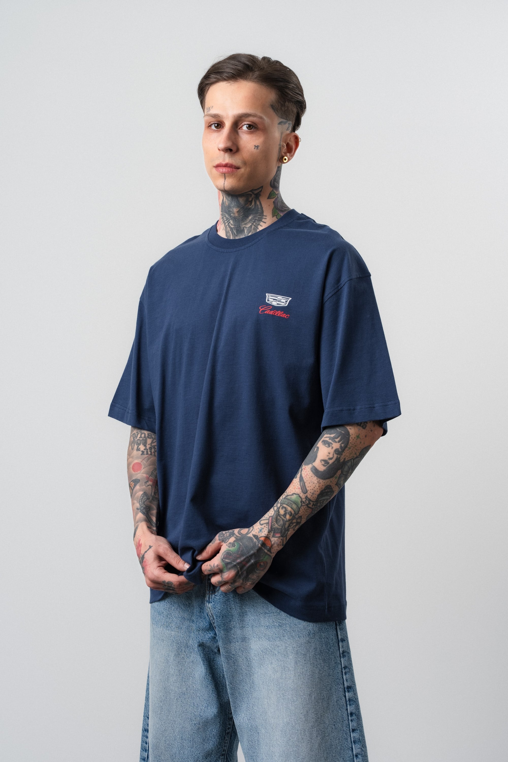 Erkek Cadillac Baskılı Oversize T-Shirt Lacivert