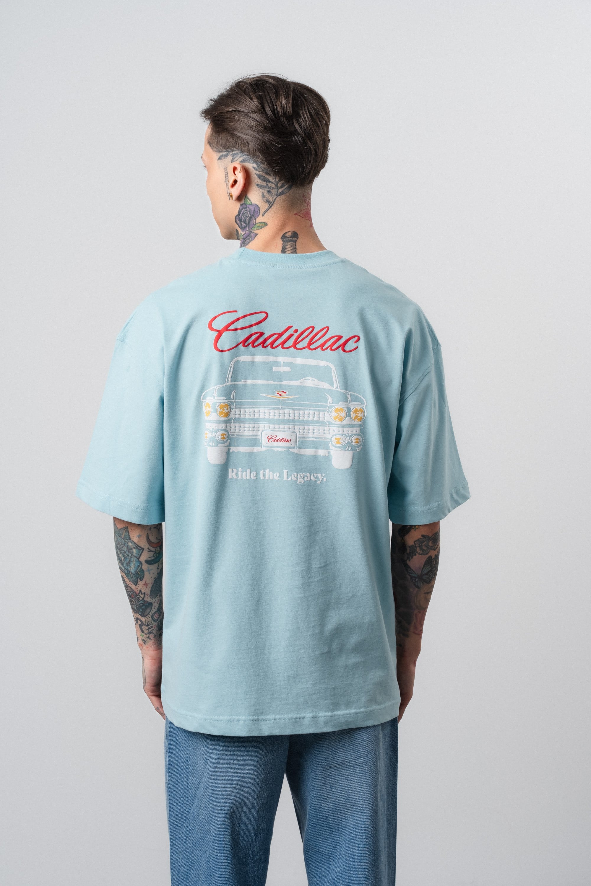 Erkek Cadillac Baskılı Oversize T-Shirt Bebe Mavi
