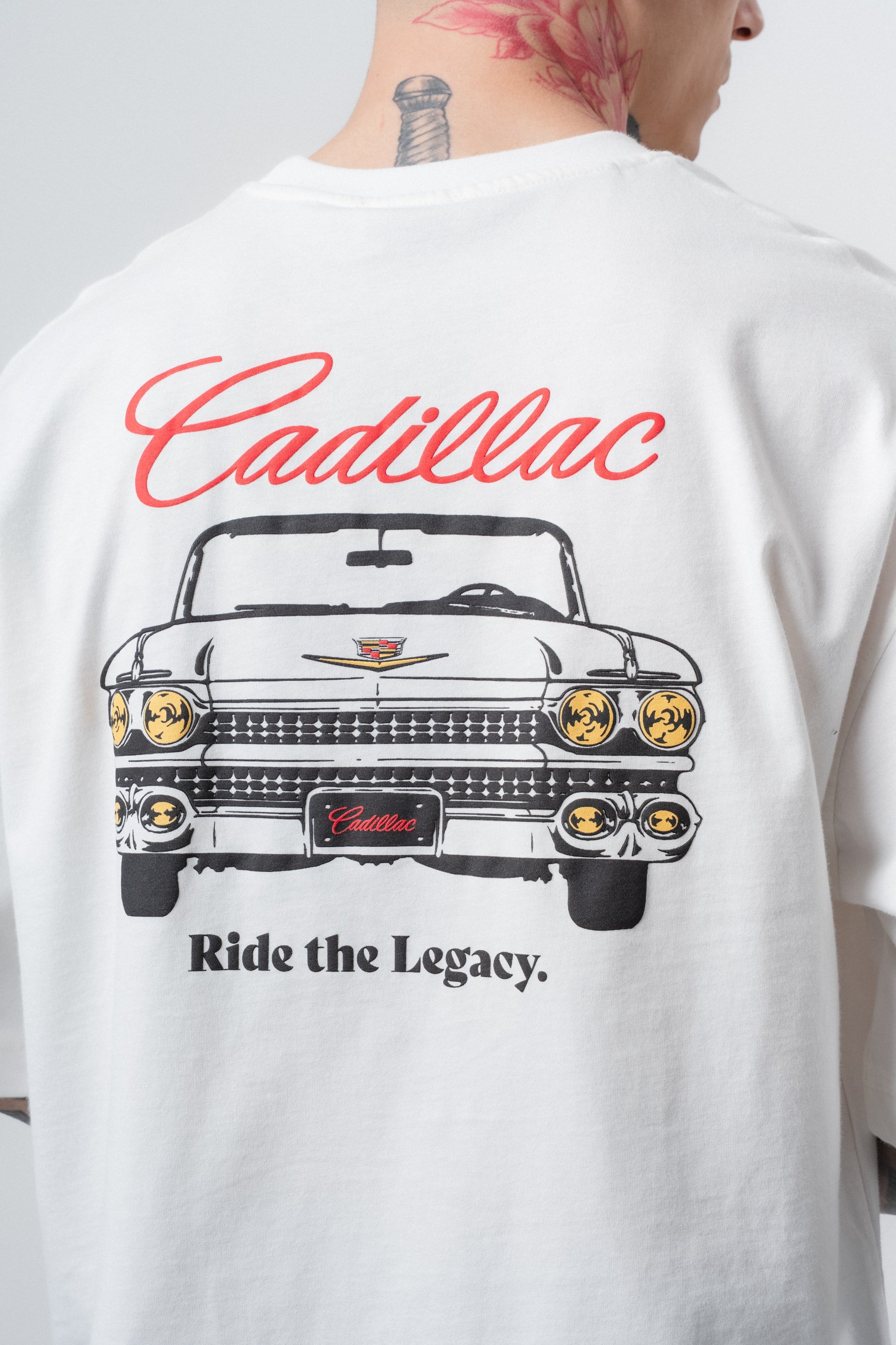 Erkek Cadillac Baskılı Oversize T-Shirt Ekru
