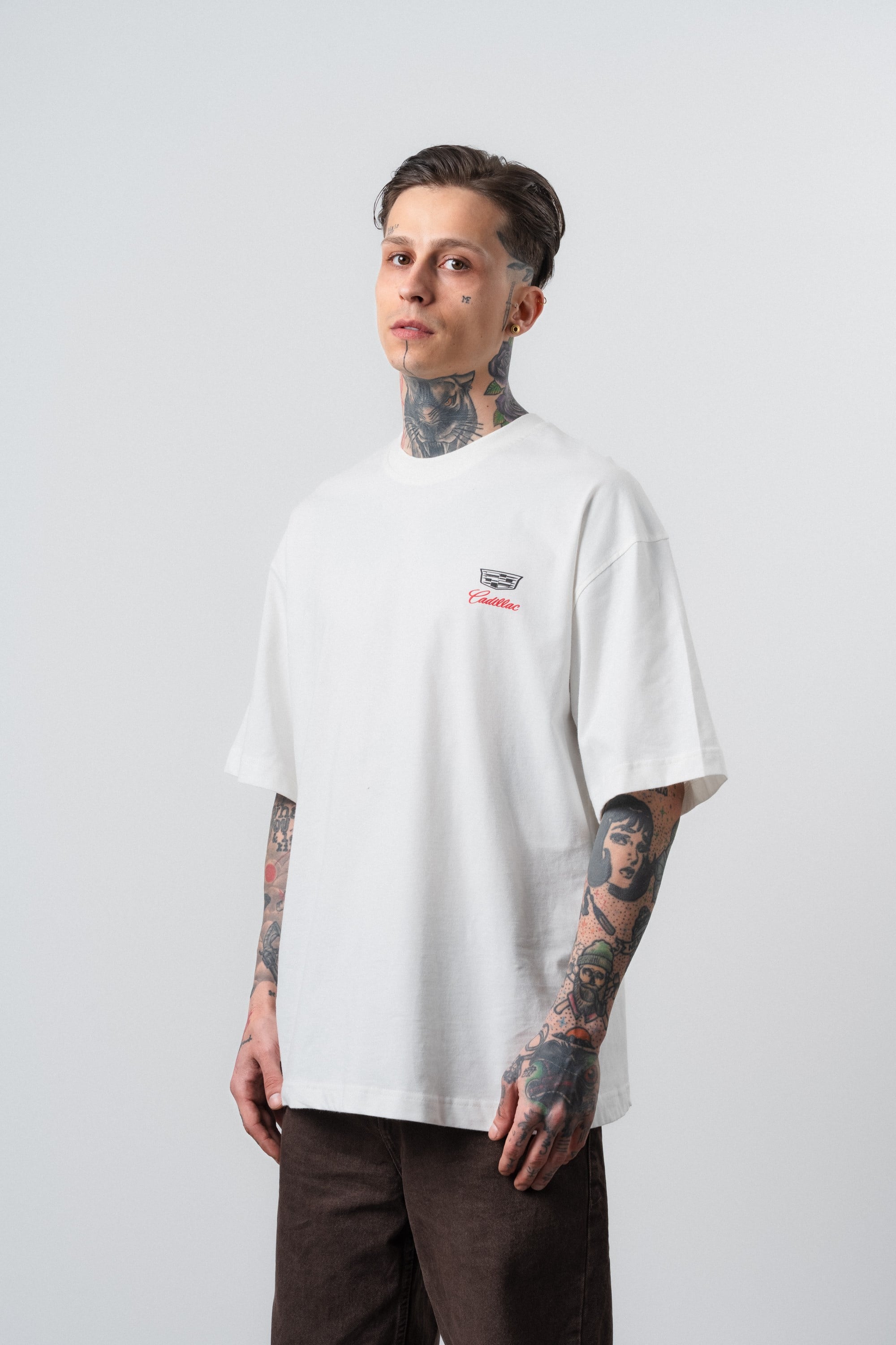 Erkek Cadillac Baskılı Oversize T-Shirt Ekru