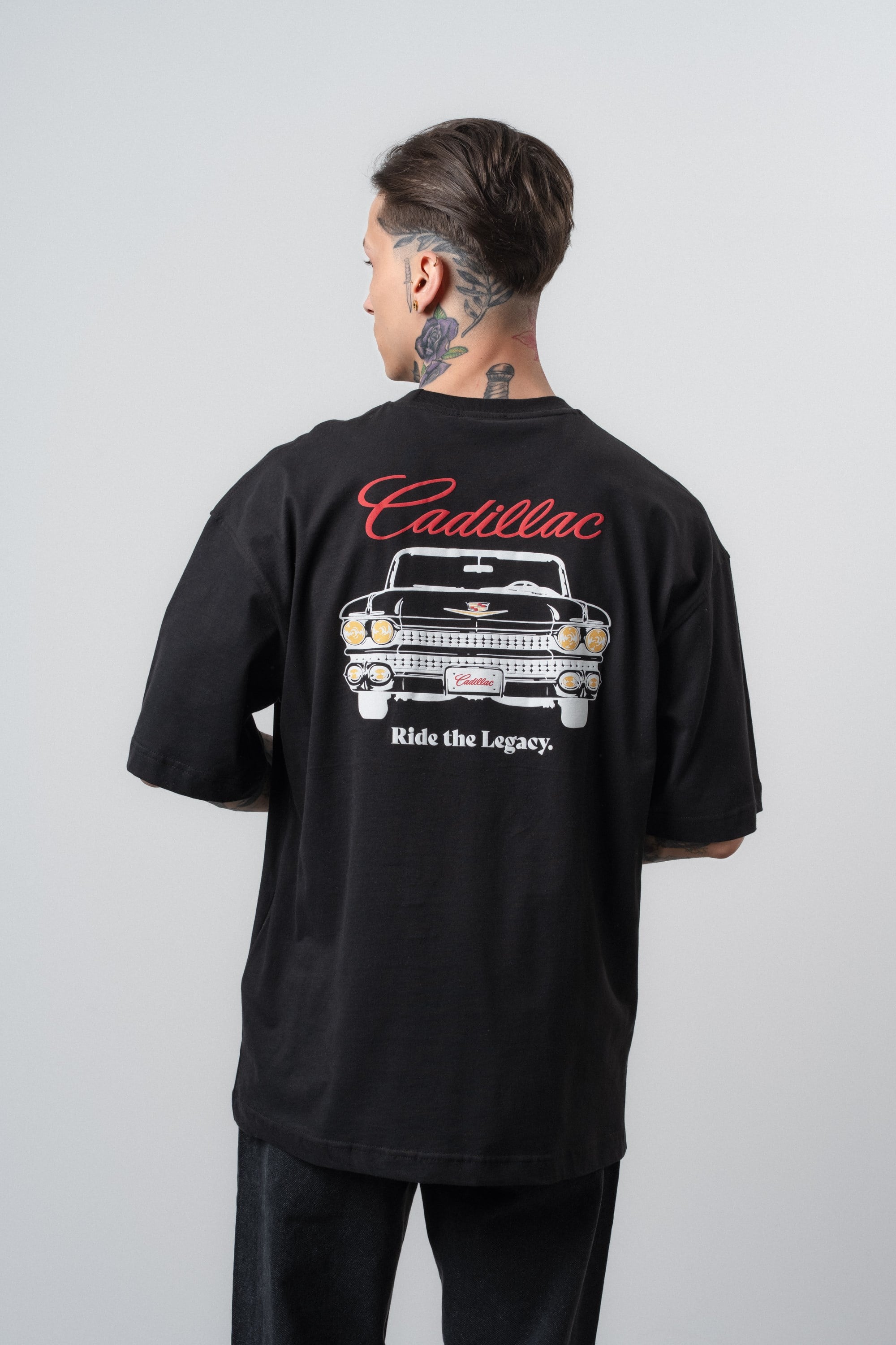 Erkek Cadillac Baskılı Oversize T-Shirt Siyah