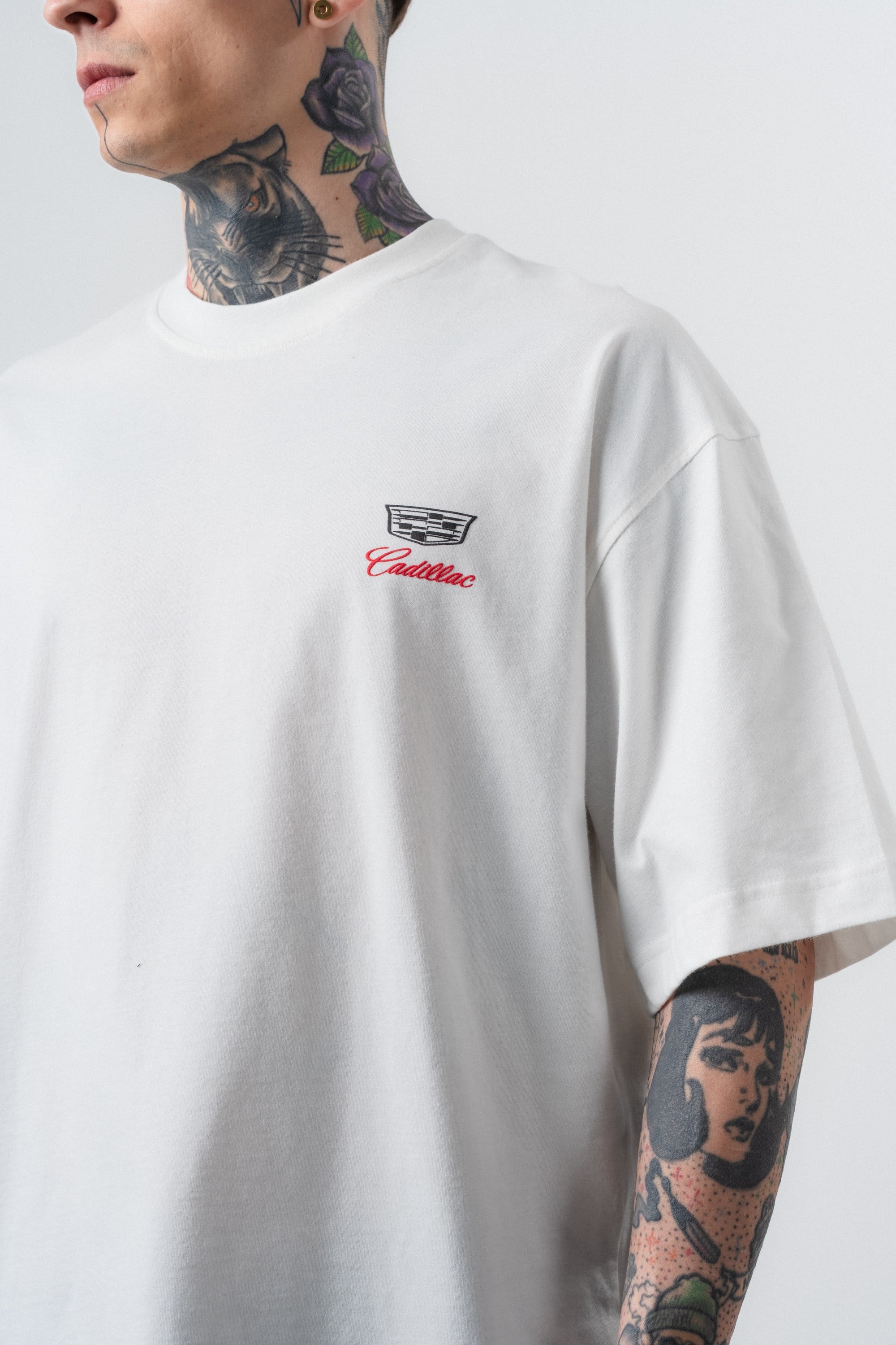 Erkek Cadillac Baskılı Oversize T-Shirt Ekru