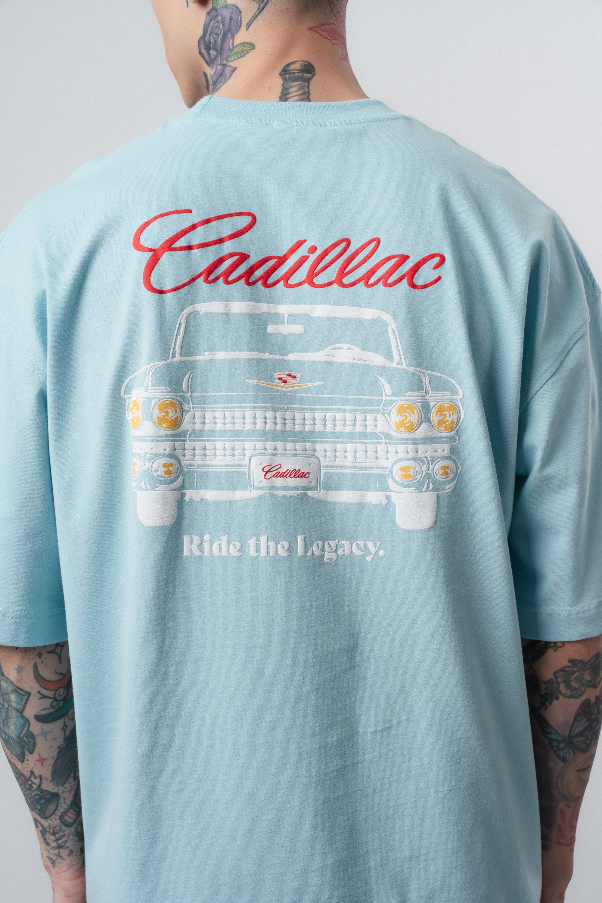 Erkek Cadillac Baskılı Oversize T-Shirt Bebe Mavi